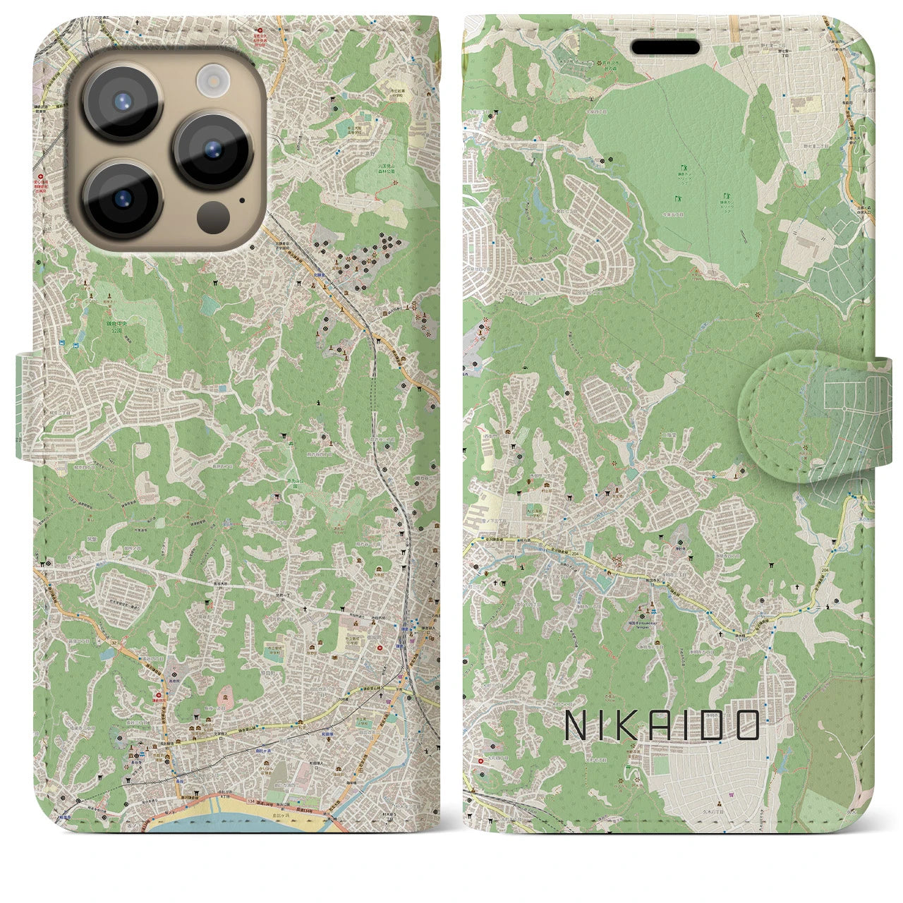 【二階堂(神奈川県)】地図柄iPhoneケース(手帳タイプ)ナチュラル・iPhone 14 Pro Max 用