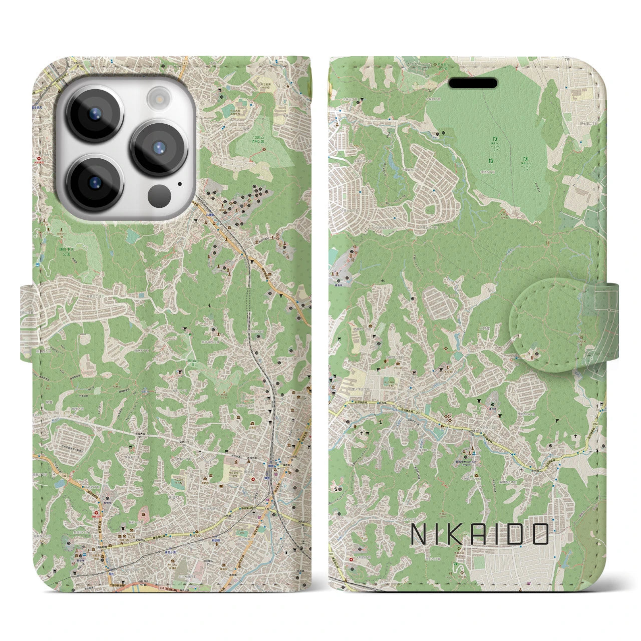【二階堂(神奈川県)】地図柄iPhoneケース(手帳タイプ)ナチュラル・iPhone 14 Pro 用