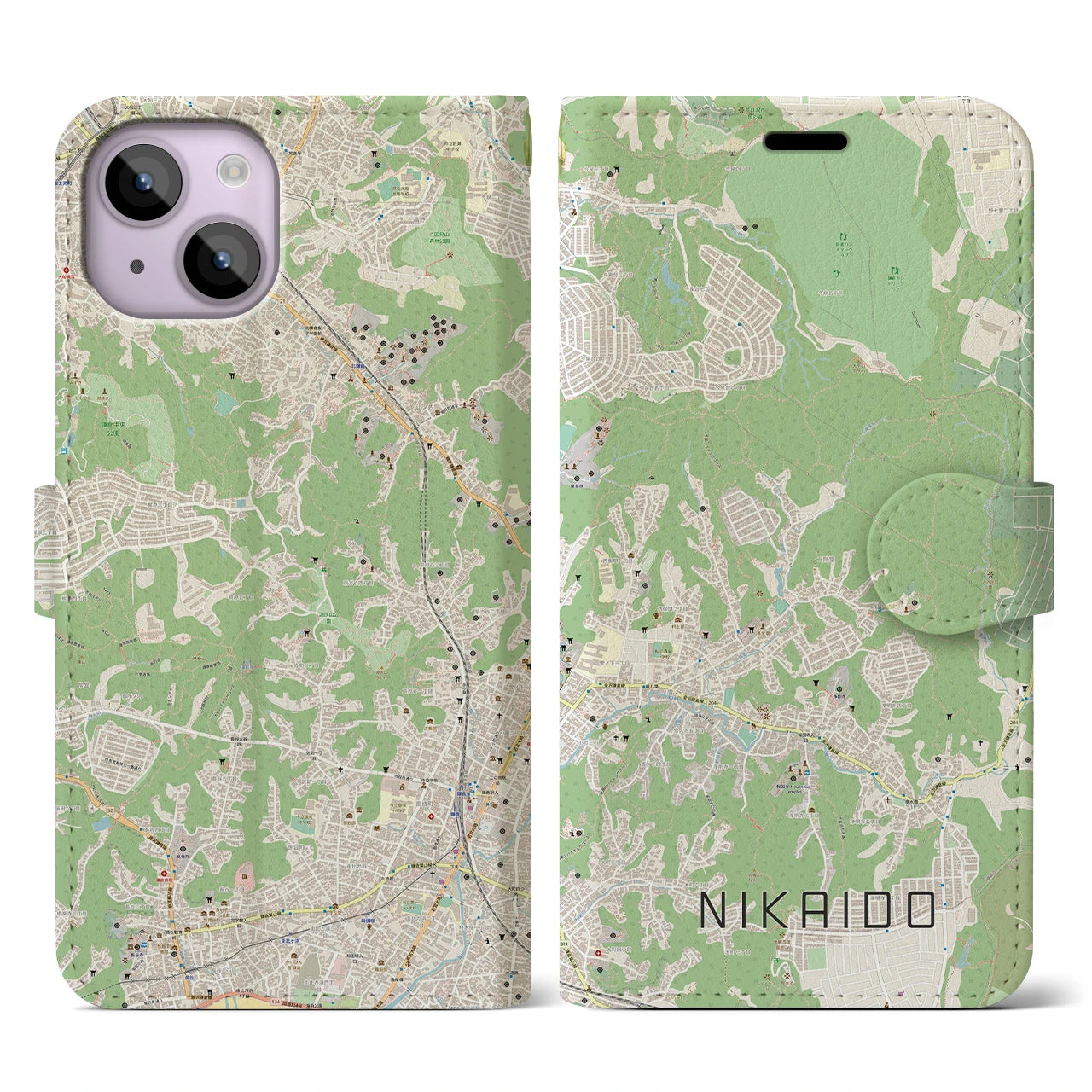 【二階堂(神奈川県)】地図柄iPhoneケース(手帳タイプ)ナチュラル・iPhone 14 用