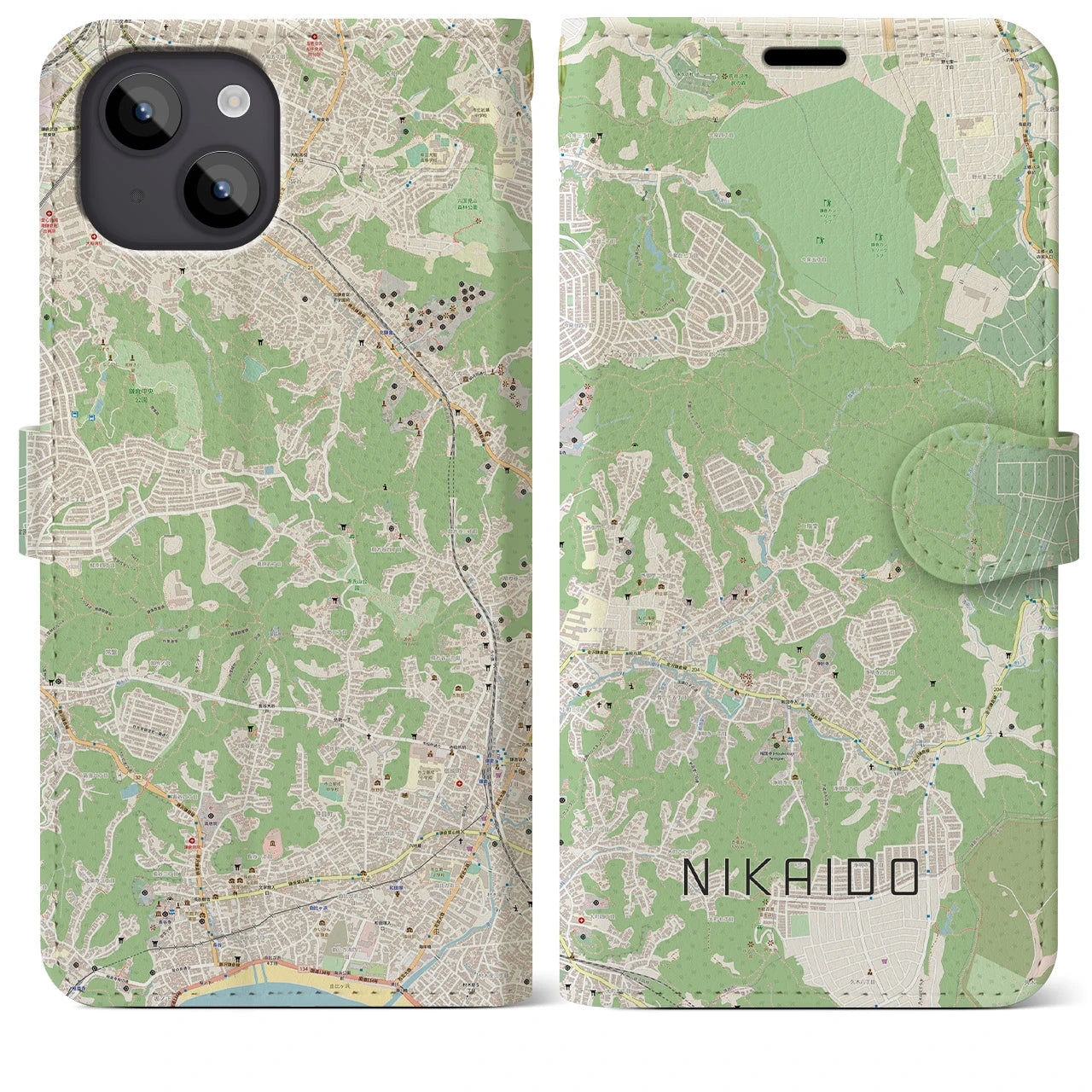 【二階堂(神奈川県)】地図柄iPhoneケース(手帳タイプ)ナチュラル・iPhone 14 Plus 用