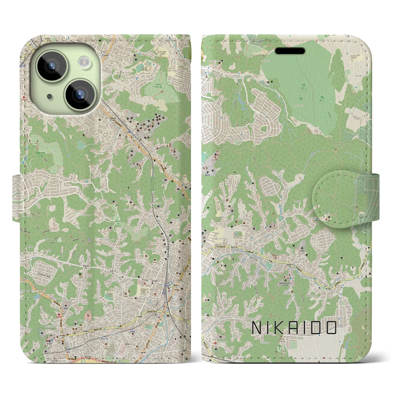 【二階堂(神奈川県)】地図柄iPhoneケース(手帳タイプ)ナチュラル・iPhone 15 用