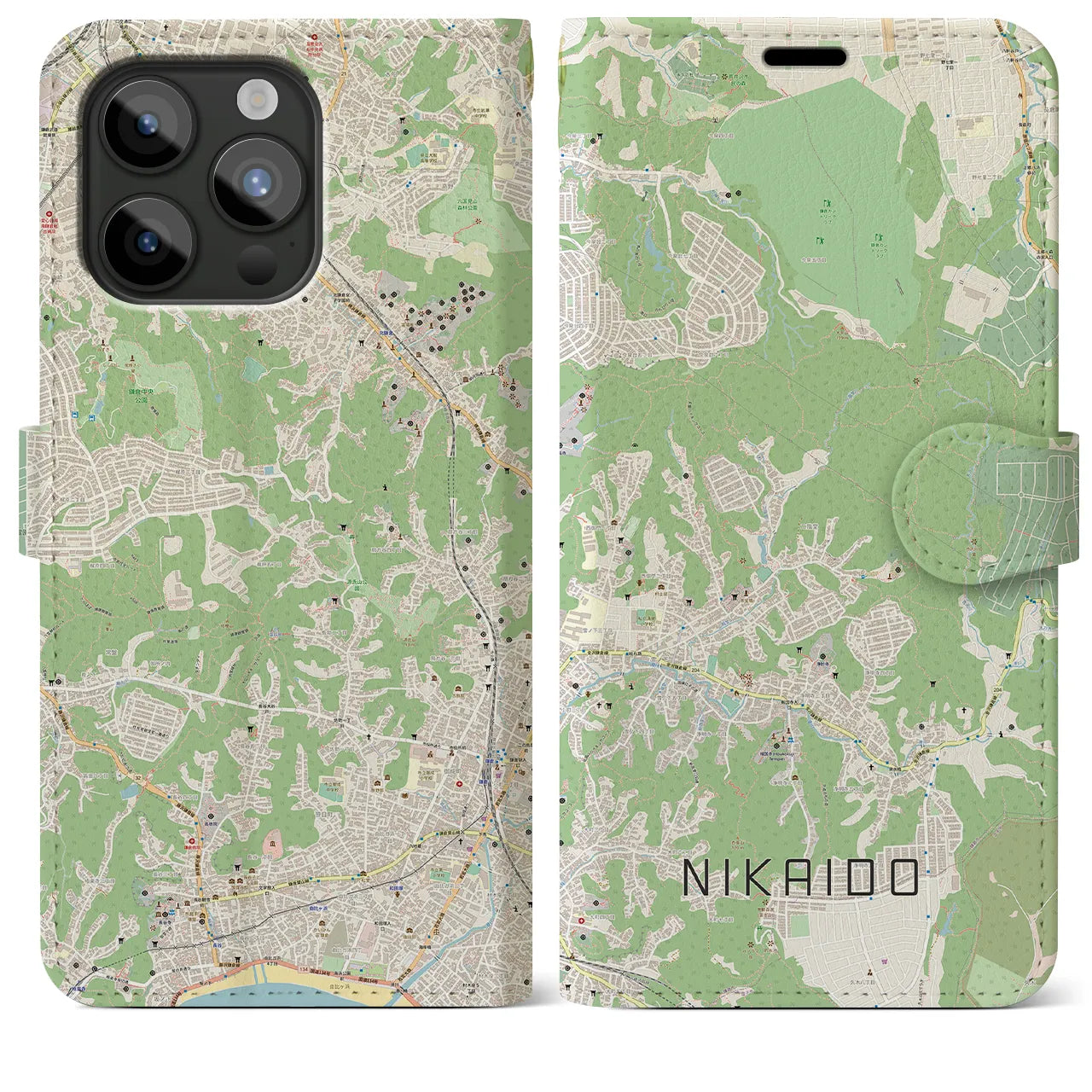 【二階堂(神奈川県)】地図柄iPhoneケース(手帳タイプ)ナチュラル・iPhone 15 Pro Max 用