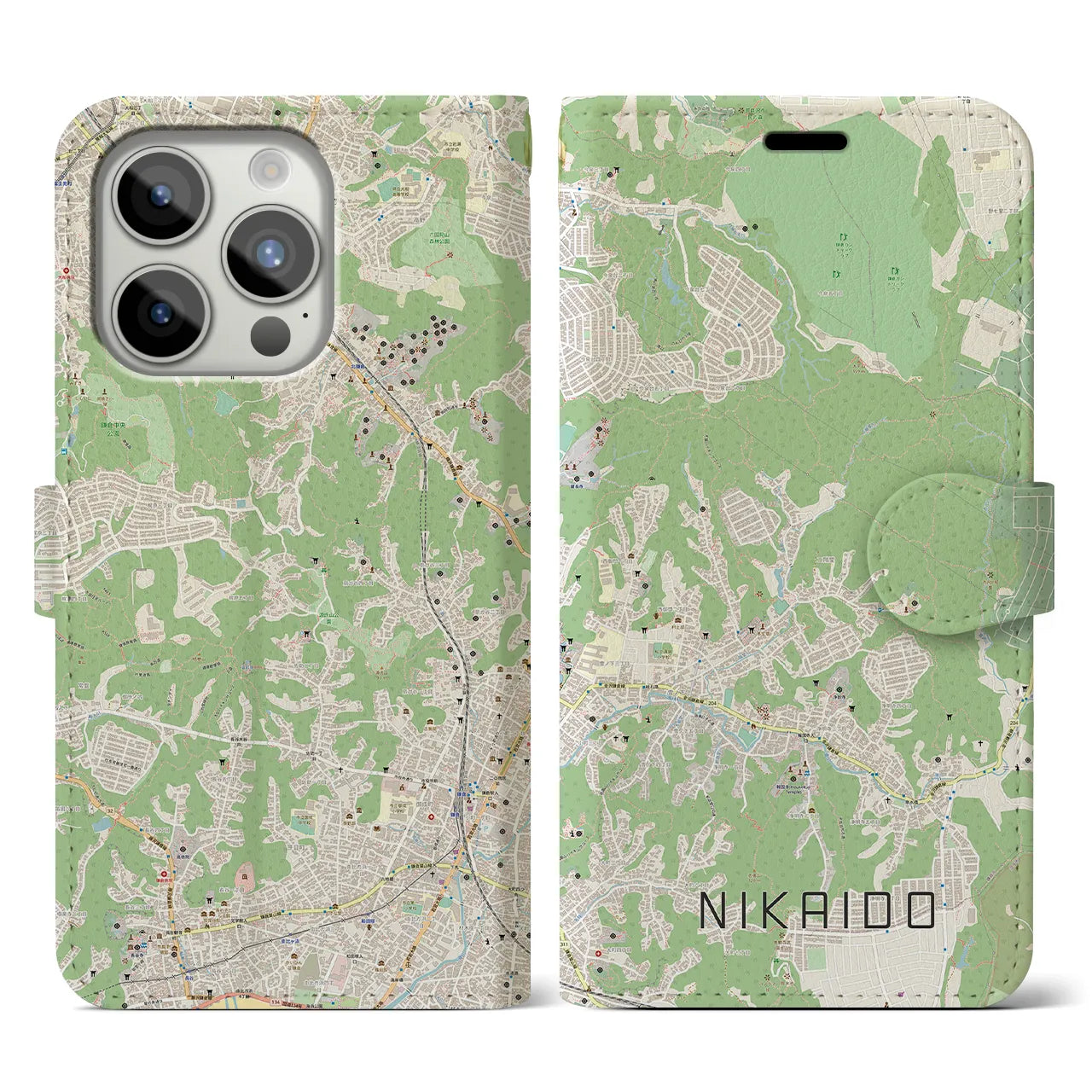 【二階堂(神奈川県)】地図柄iPhoneケース(手帳タイプ)ナチュラル・iPhone 15 Pro 用