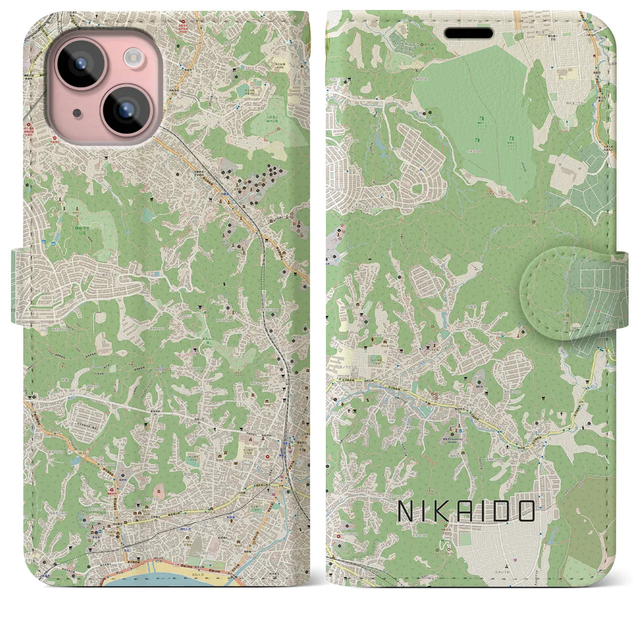 【二階堂(神奈川県)】地図柄iPhoneケース(手帳タイプ)ナチュラル・iPhone 15 Plus 用