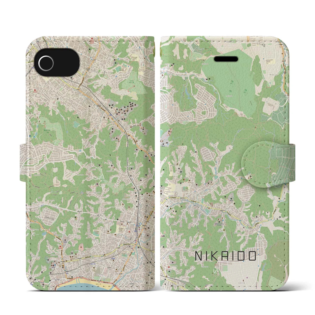 【二階堂(神奈川県)】地図柄iPhoneケース(手帳タイプ)ナチュラル・iPhone SE(第3 / 第2世代) / 8 / 7 / 6s / 6 用