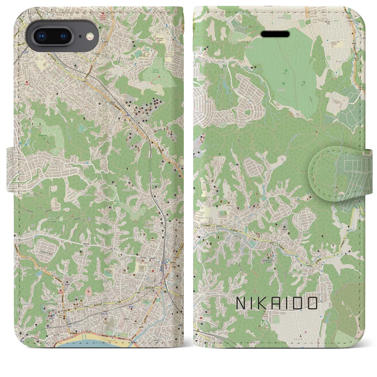 【二階堂(神奈川県)】地図柄iPhoneケース(手帳タイプ)ナチュラル・iPhone 8Plus /7Plus / 6sPlus / 6Plus 用
