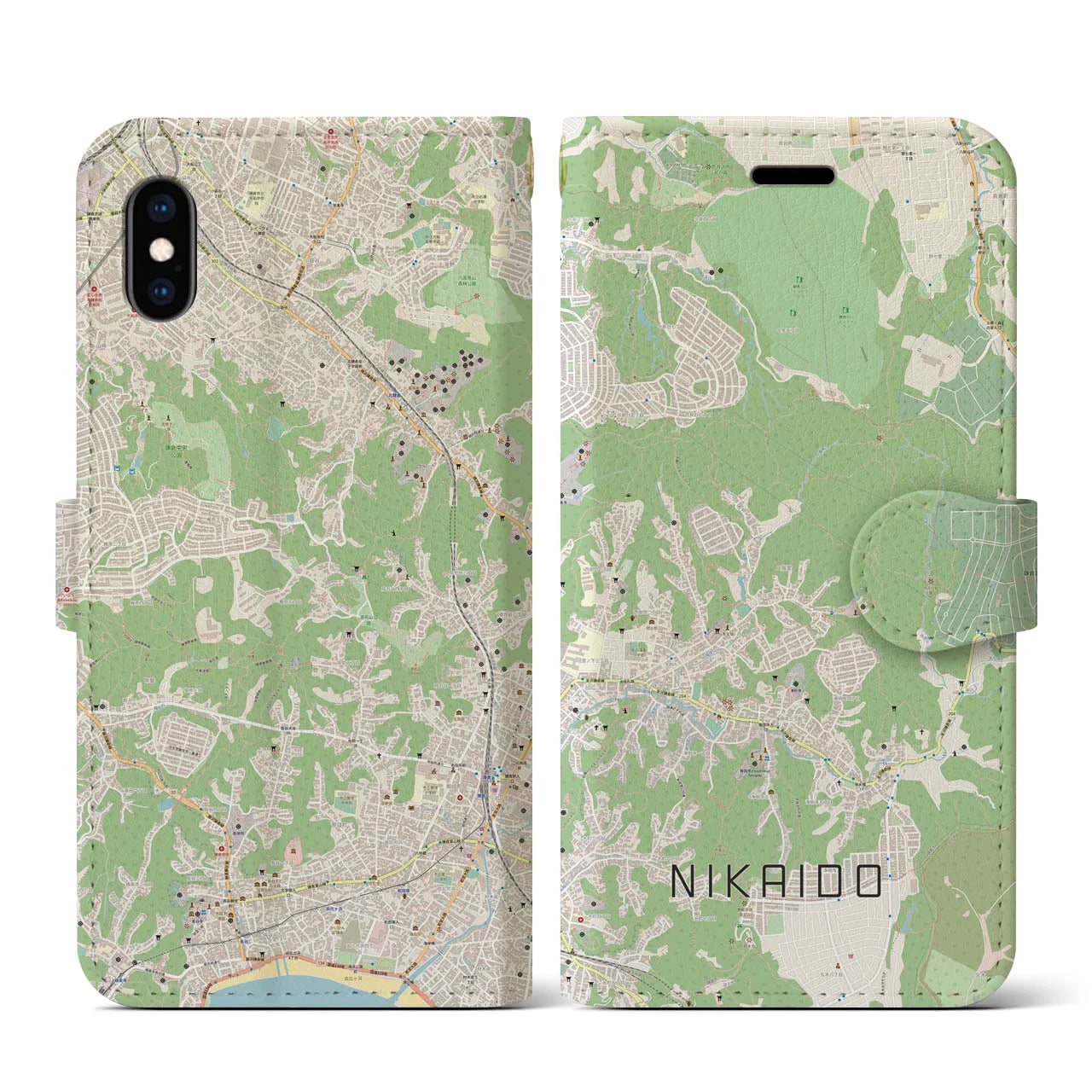 【二階堂(神奈川県)】地図柄iPhoneケース(手帳タイプ)ナチュラル・iPhone XS / X 用