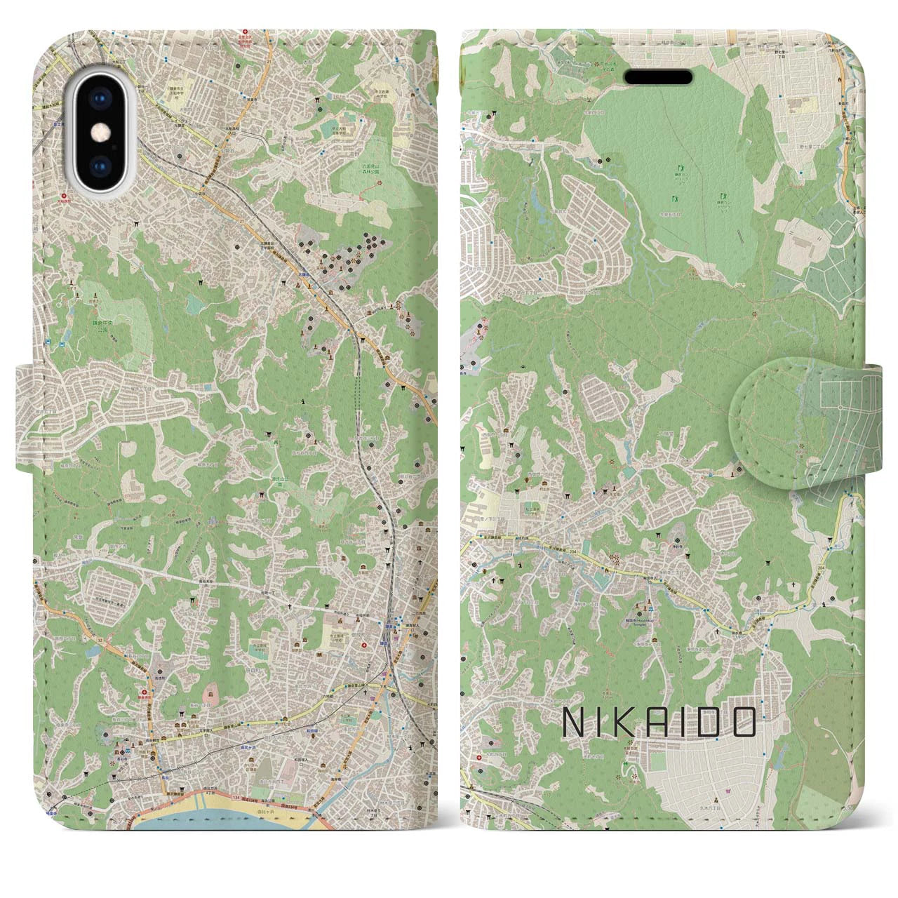 【二階堂(神奈川県)】地図柄iPhoneケース(手帳タイプ)ナチュラル・iPhone XS Max 用