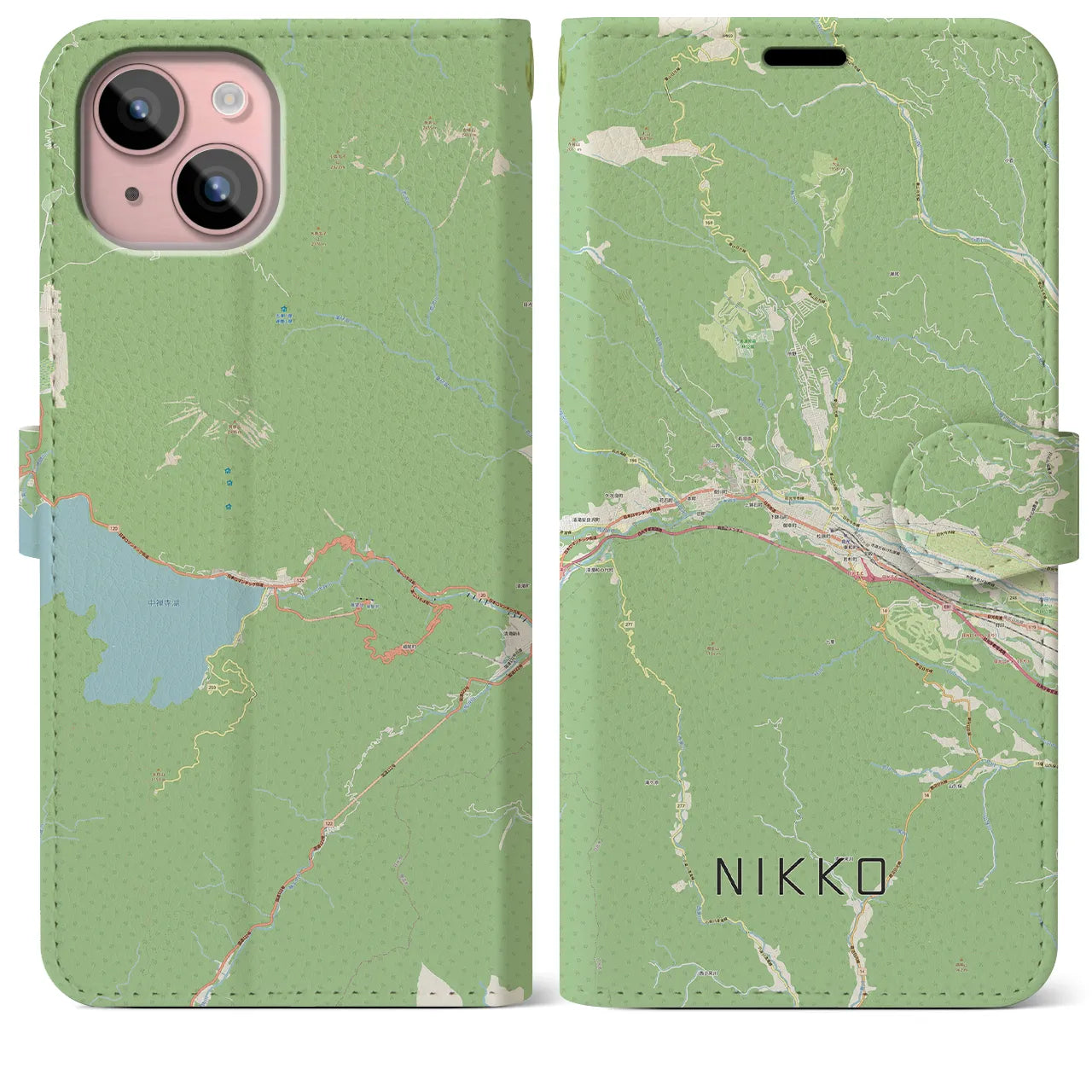 【日光(栃木県)】地図柄iPhoneケース(手帳タイプ)ナチュラル・iPhone 15 Plus 用