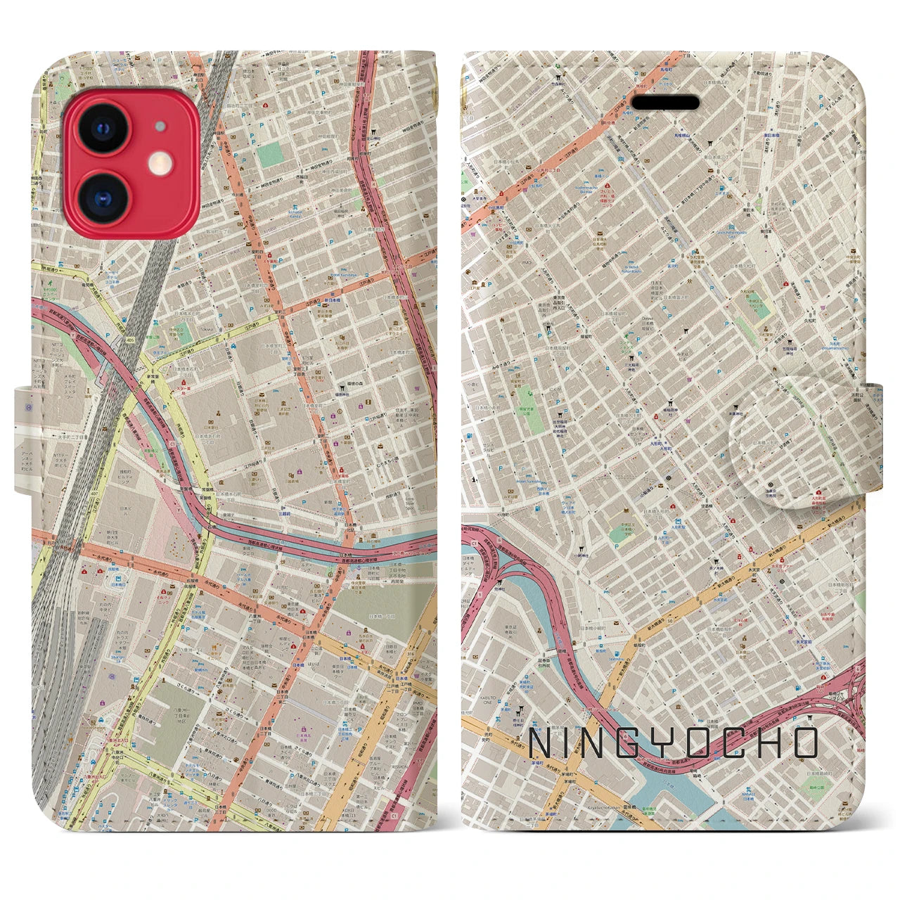 【人形町(東京都)】地図柄iPhoneケース(手帳タイプ)ナチュラル・iPhone 11 用