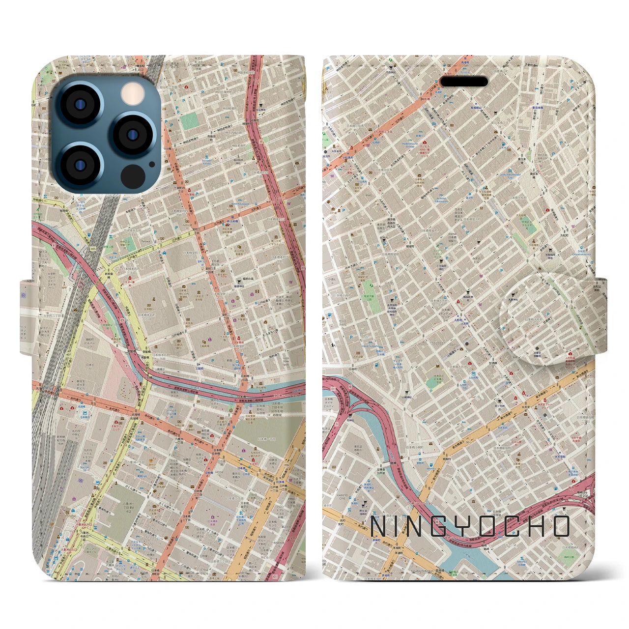 【人形町(東京都)】地図柄iPhoneケース(手帳タイプ)ナチュラル・iPhone 12 / 12 Pro 用