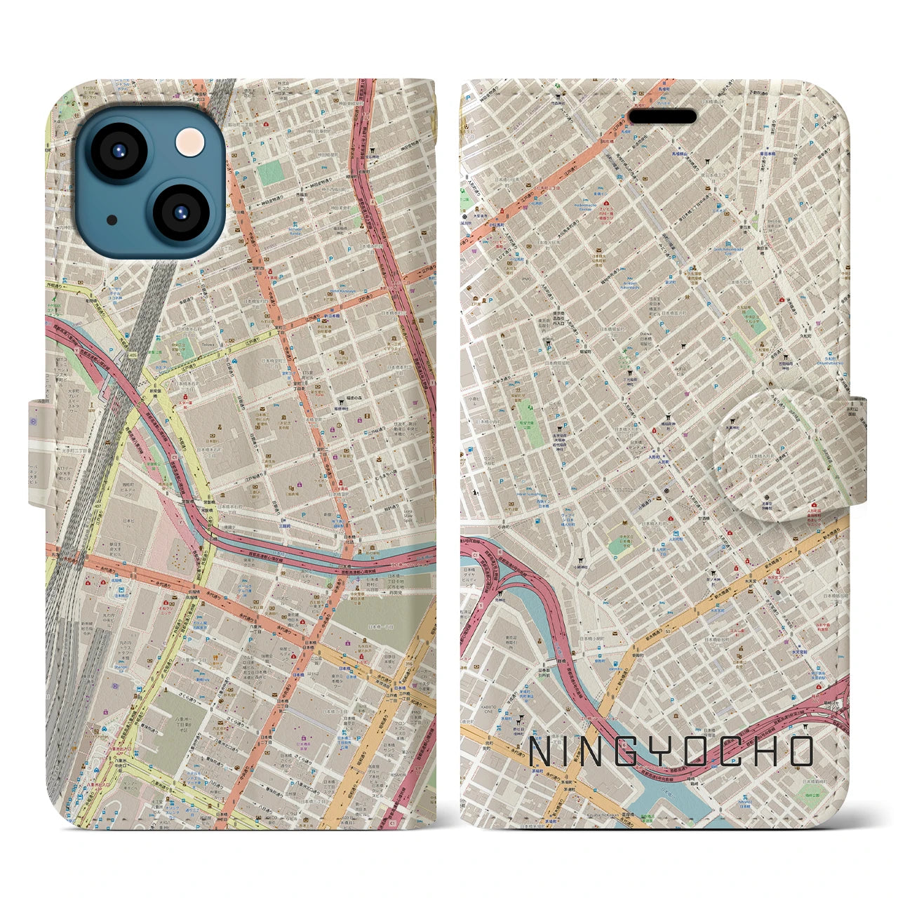 【人形町(東京都)】地図柄iPhoneケース(手帳タイプ)ナチュラル・iPhone 13 用