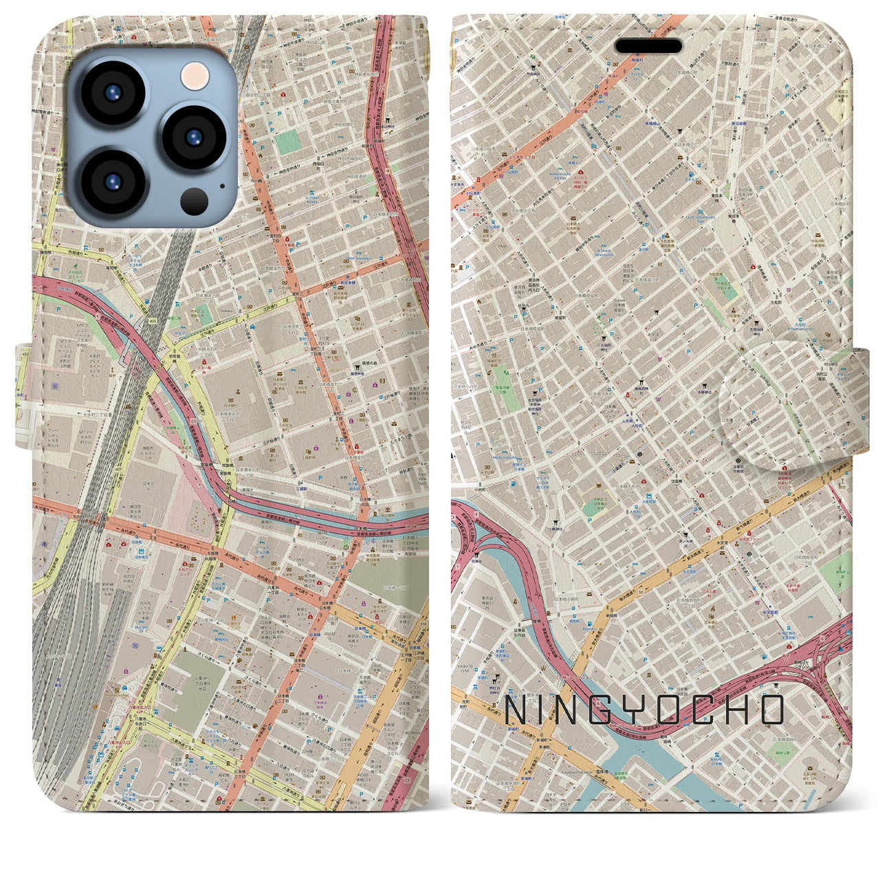 【人形町(東京都)】地図柄iPhoneケース(手帳タイプ)ナチュラル・iPhone 13 Pro Max 用