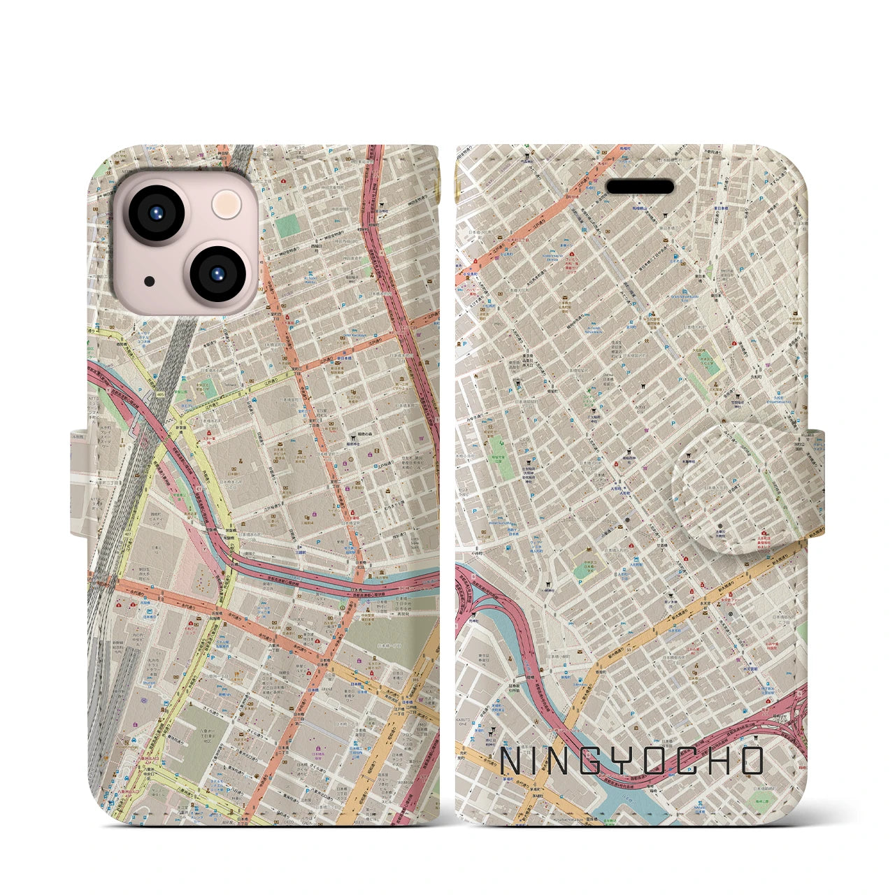 【人形町(東京都)】地図柄iPhoneケース(手帳タイプ)ナチュラル・iPhone 13 mini 用