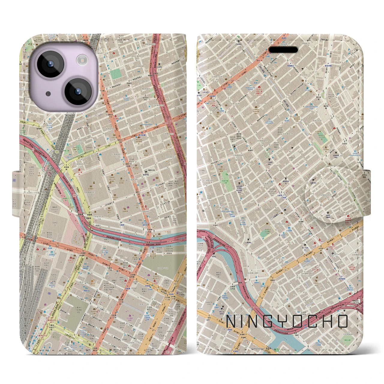 【人形町(東京都)】地図柄iPhoneケース(手帳タイプ)ナチュラル・iPhone 14 用