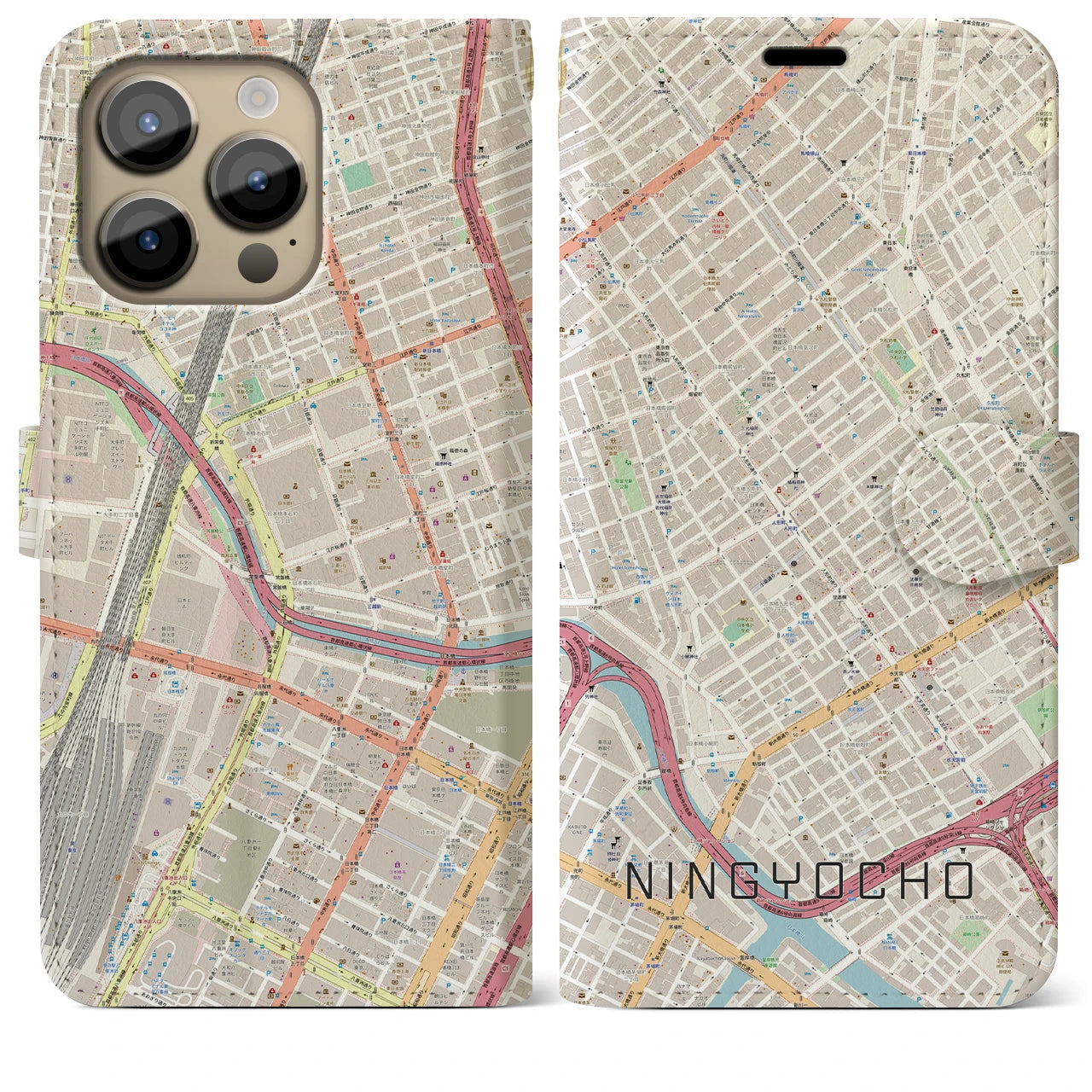 【人形町(東京都)】地図柄iPhoneケース(手帳タイプ)ナチュラル・iPhone 14 Pro Max 用