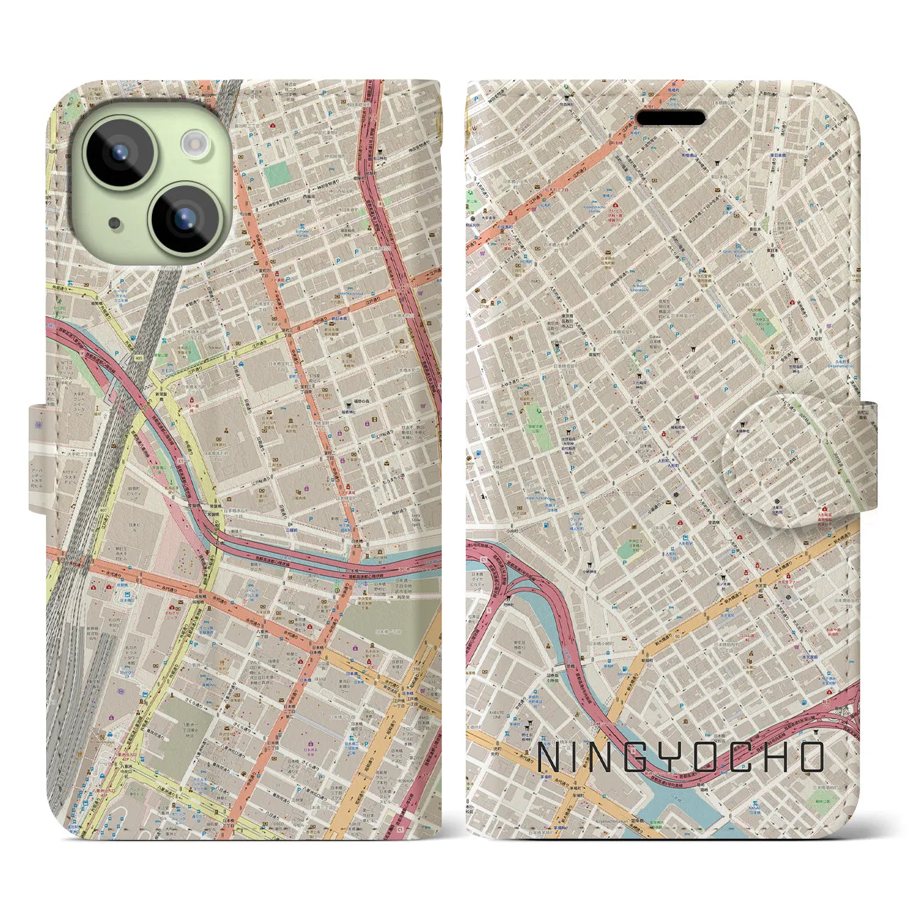 【人形町(東京都)】地図柄iPhoneケース(手帳タイプ)ナチュラル・iPhone 15 用