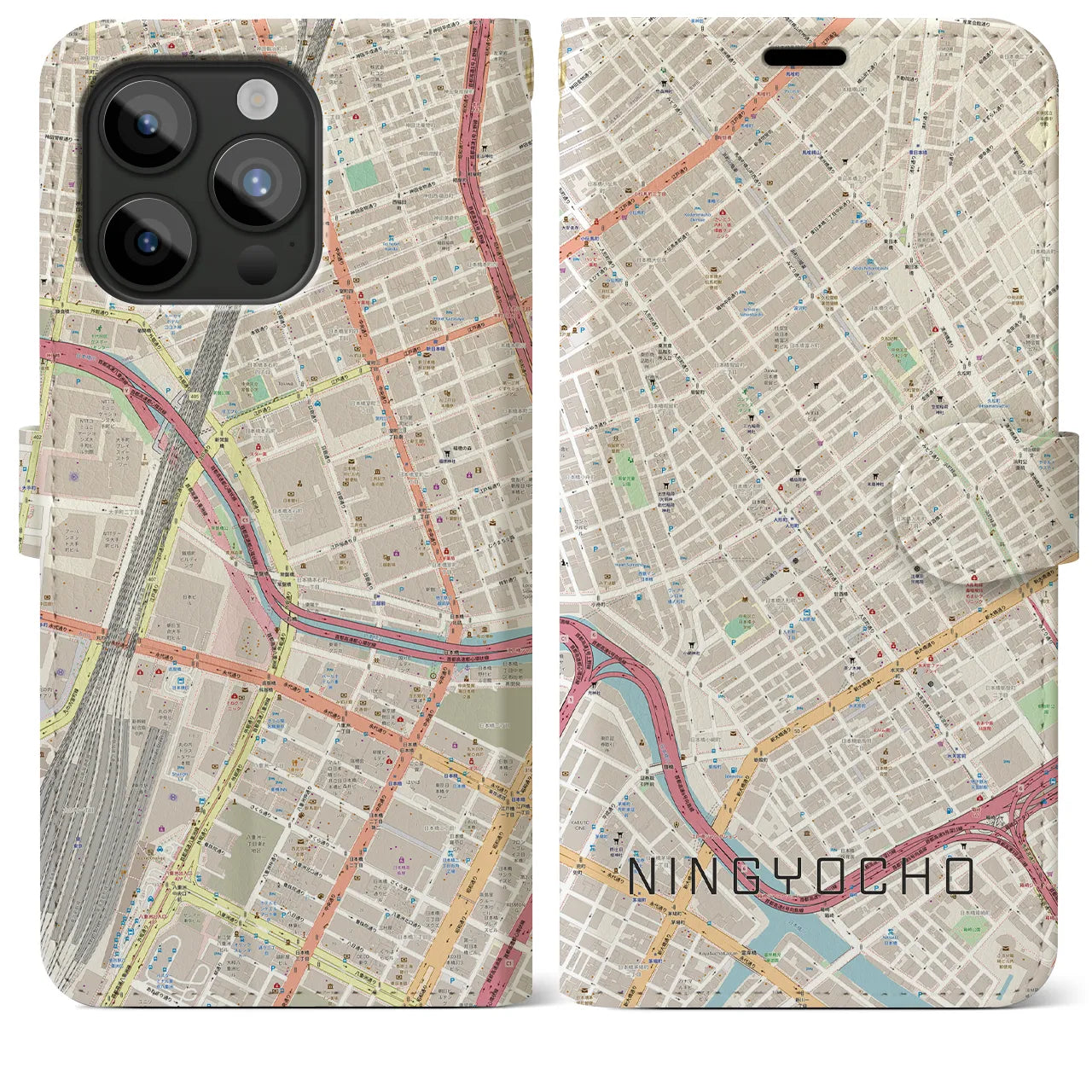 【人形町(東京都)】地図柄iPhoneケース(手帳タイプ)ナチュラル・iPhone 15 Pro Max 用