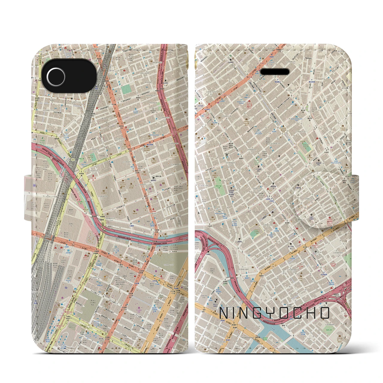 【人形町(東京都)】地図柄iPhoneケース(手帳タイプ)ナチュラル・iPhone SE(第3 / 第2世代) / 8 / 7 / 6s / 6 用