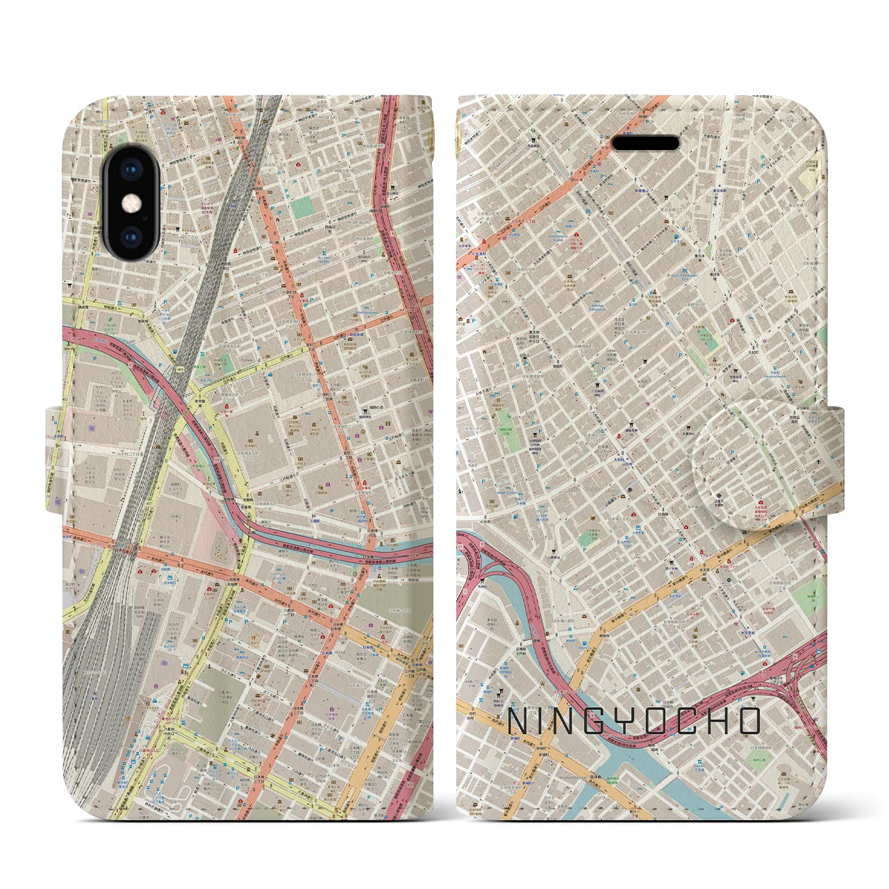 【人形町(東京都)】地図柄iPhoneケース(手帳タイプ)ナチュラル・iPhone XS / X 用