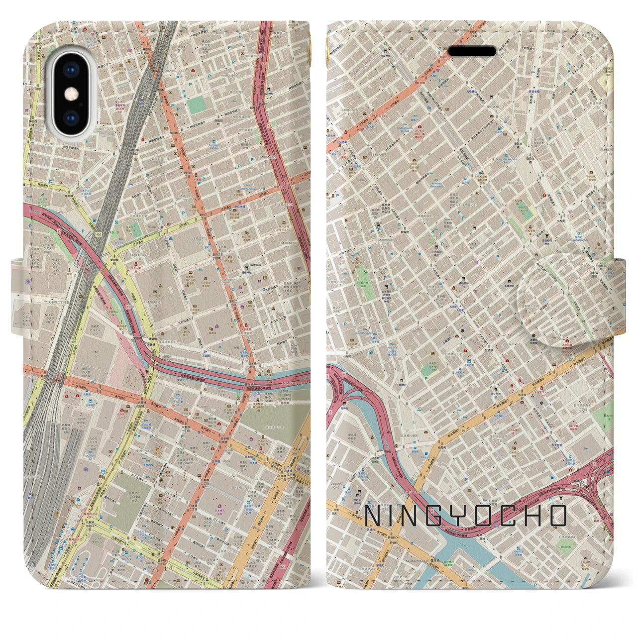 【人形町(東京都)】地図柄iPhoneケース(手帳タイプ)ナチュラル・iPhone XS Max 用
