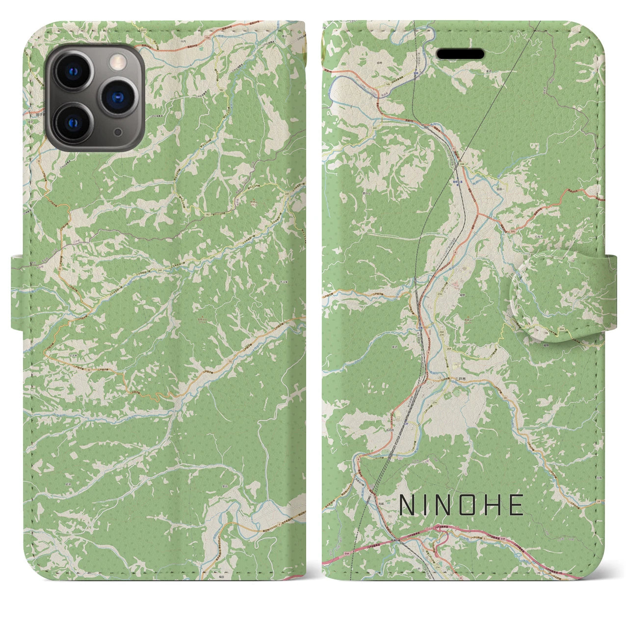 【二戸(岩手県)】地図柄iPhoneケース(手帳タイプ)ナチュラル・iPhone 11 Pro Max 用