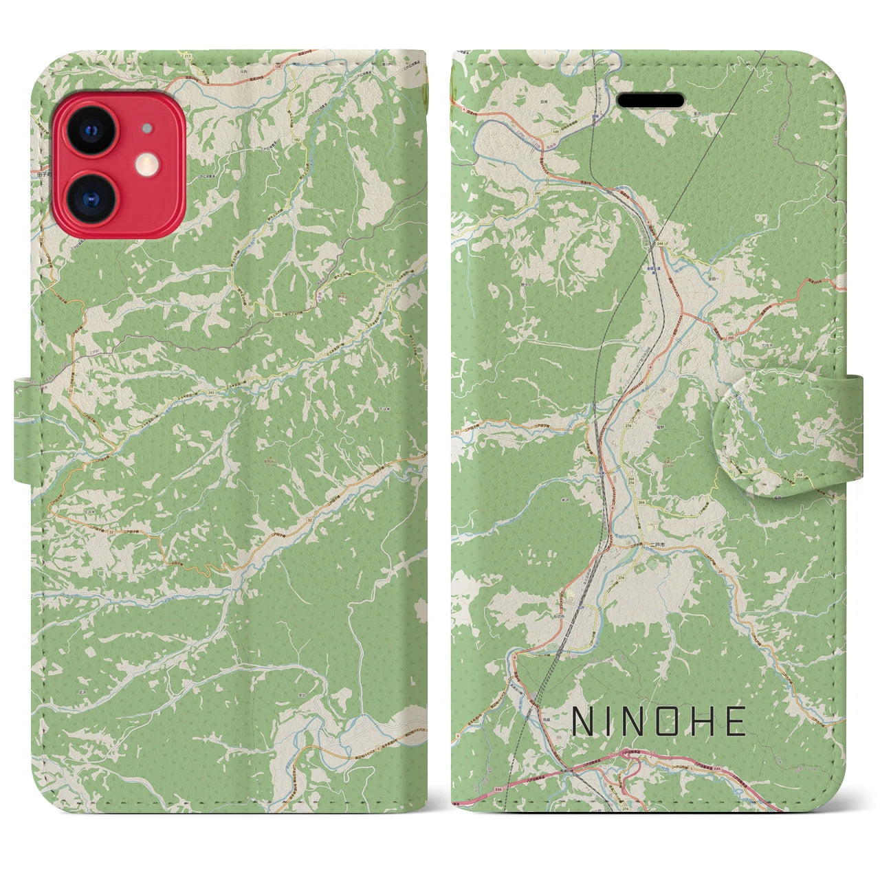 【二戸(岩手県)】地図柄iPhoneケース(手帳タイプ)ナチュラル・iPhone 11 用