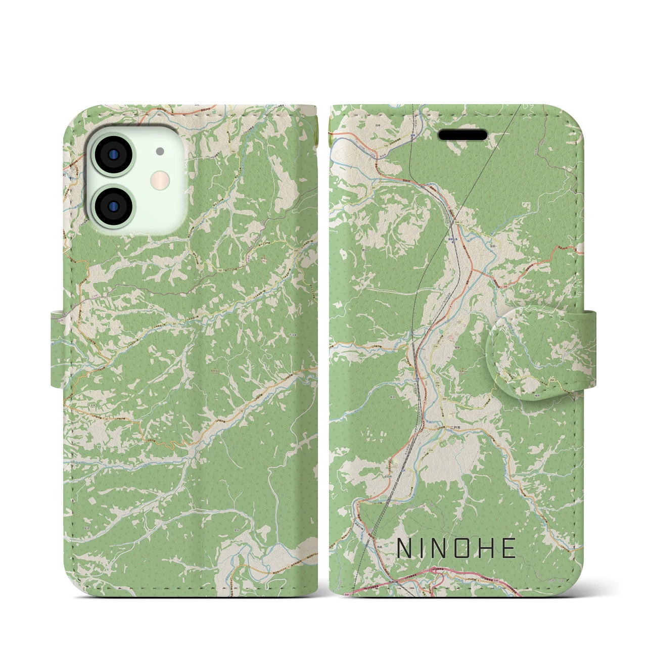 【二戸(岩手県)】地図柄iPhoneケース(手帳タイプ)ナチュラル・iPhone 12 mini 用