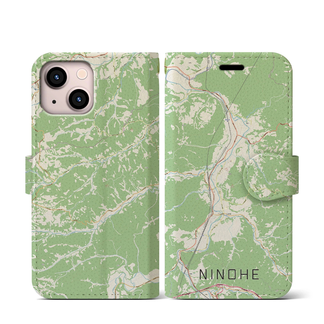 【二戸(岩手県)】地図柄iPhoneケース(手帳タイプ)ナチュラル・iPhone 13 mini 用