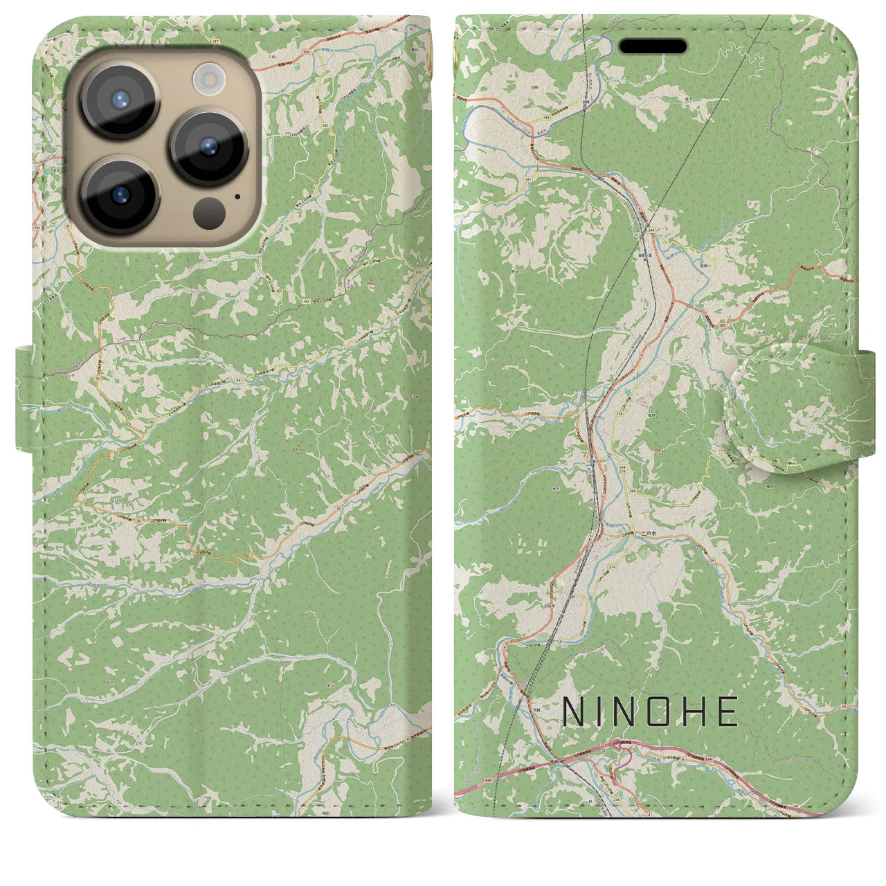 【二戸(岩手県)】地図柄iPhoneケース(手帳タイプ)ナチュラル・iPhone 14 Pro Max 用