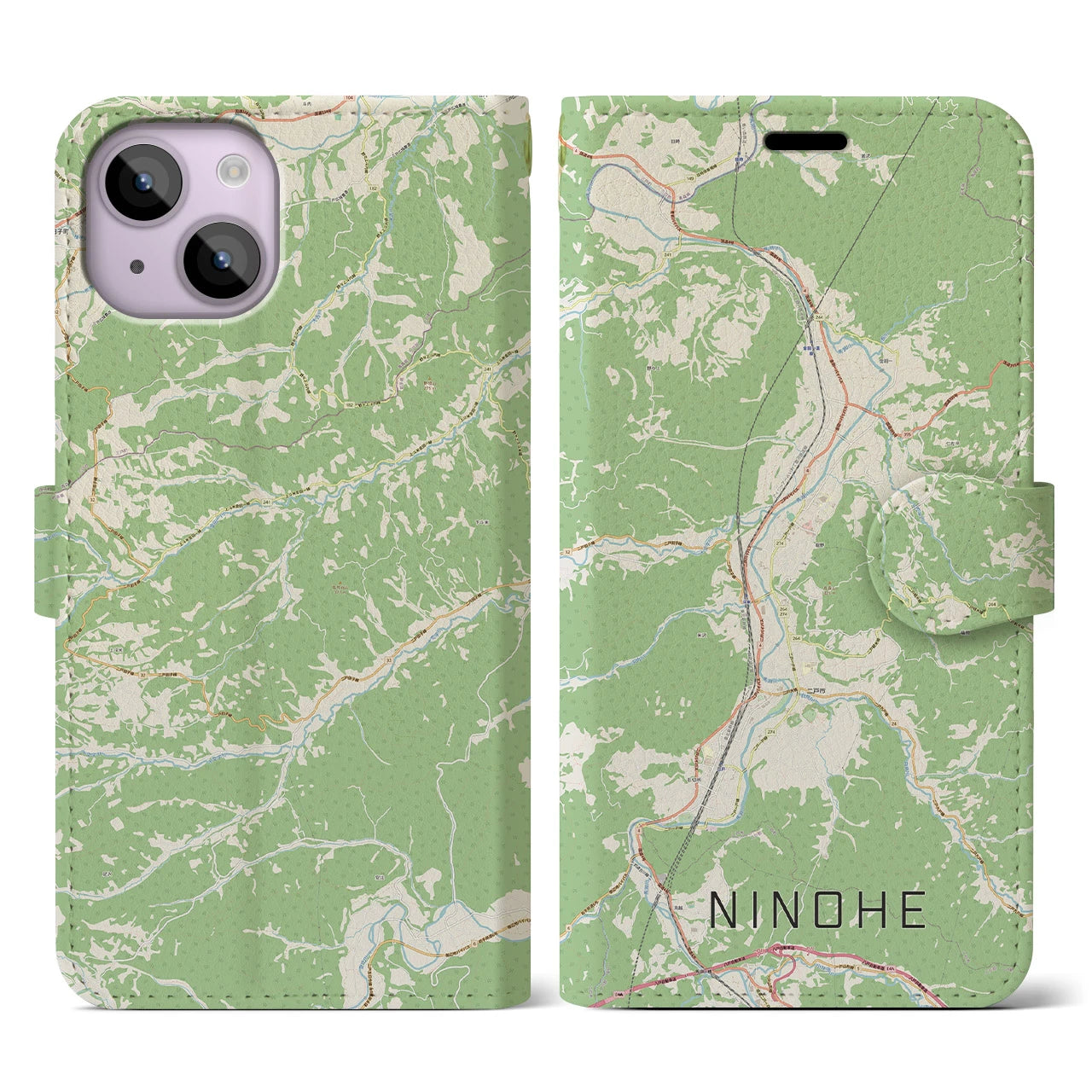 【二戸(岩手県)】地図柄iPhoneケース(手帳タイプ)ナチュラル・iPhone 14 用