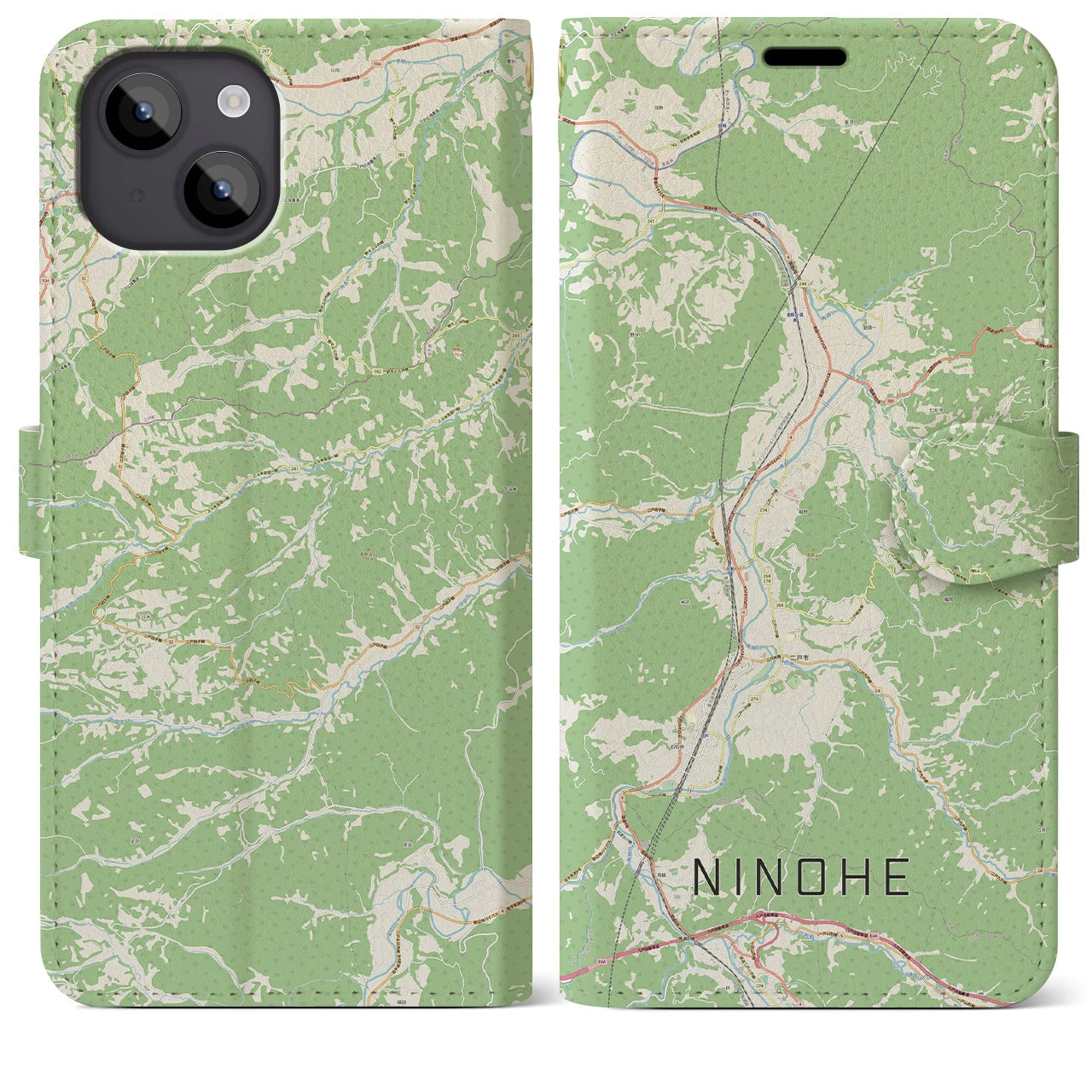 【二戸(岩手県)】地図柄iPhoneケース(手帳タイプ)ナチュラル・iPhone 14 Plus 用