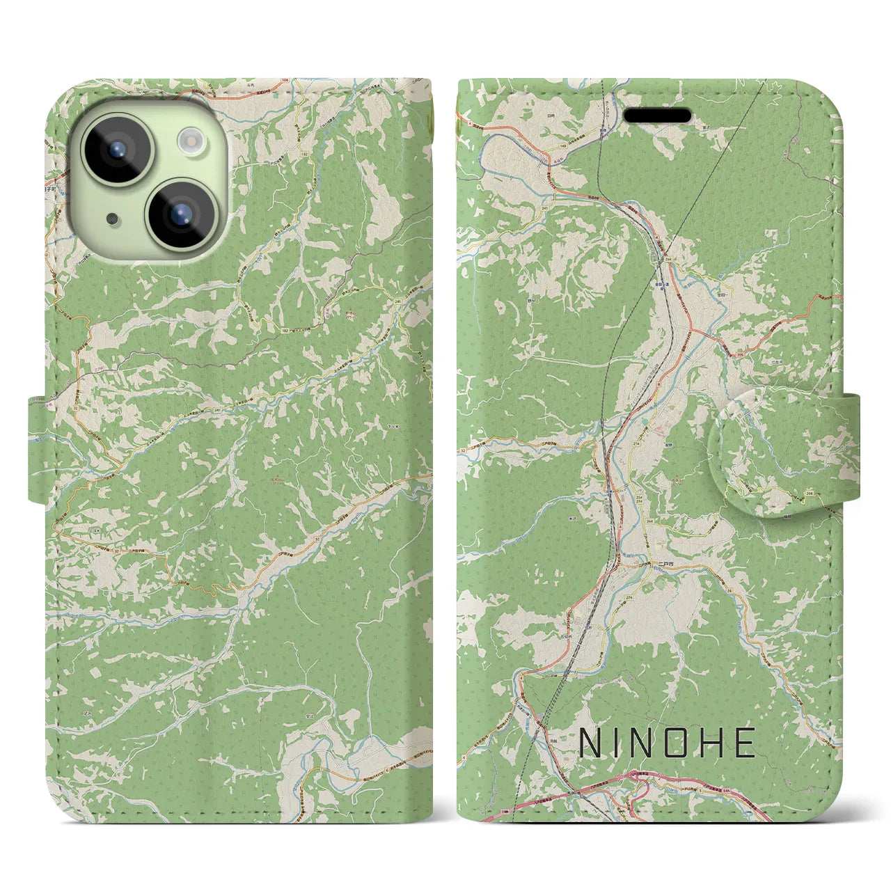 【二戸(岩手県)】地図柄iPhoneケース(手帳タイプ)ナチュラル・iPhone 15 用