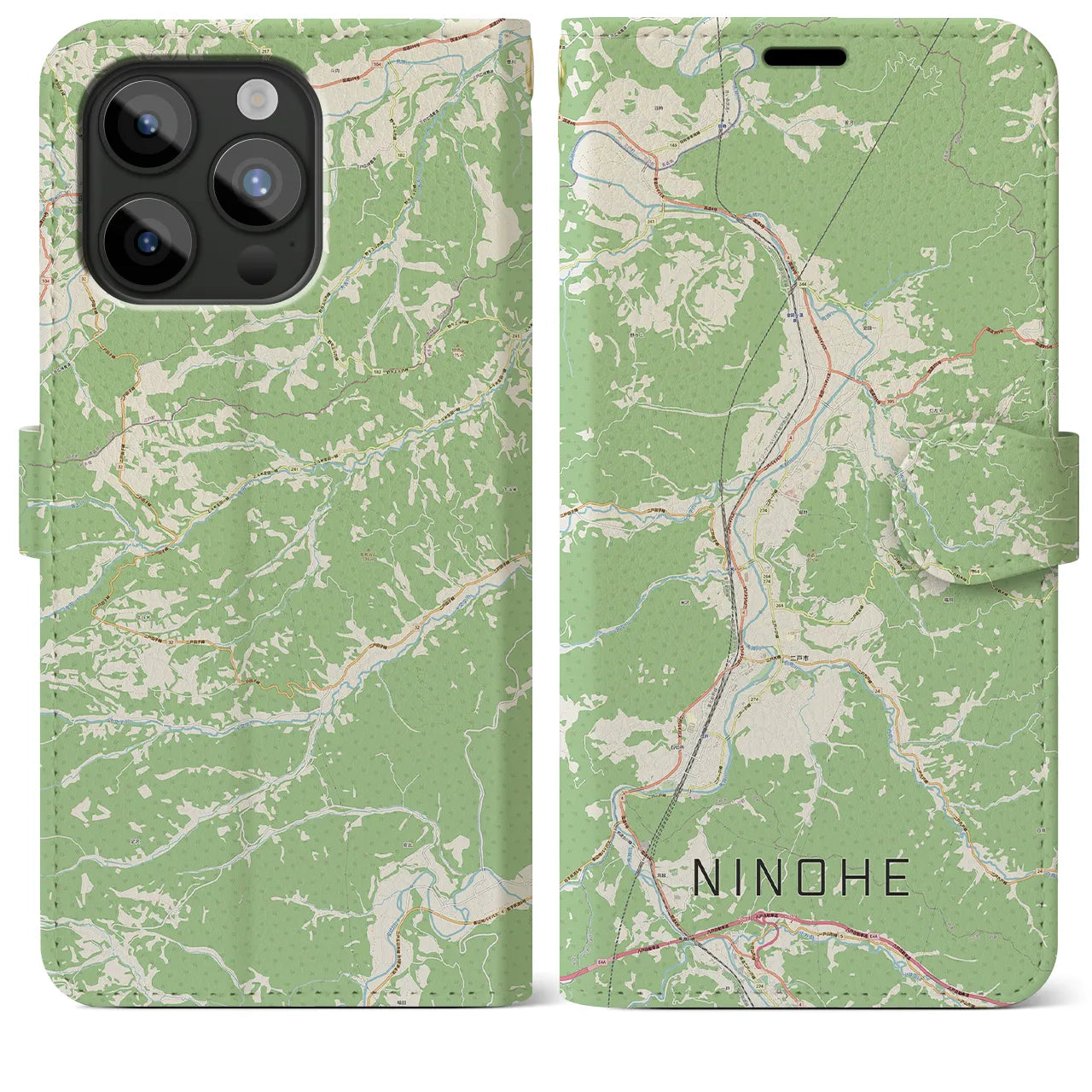 【二戸(岩手県)】地図柄iPhoneケース(手帳タイプ)ナチュラル・iPhone 15 Pro Max 用