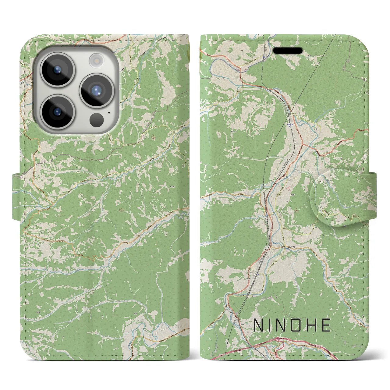 【二戸(岩手県)】地図柄iPhoneケース(手帳タイプ)ナチュラル・iPhone 15 Pro 用