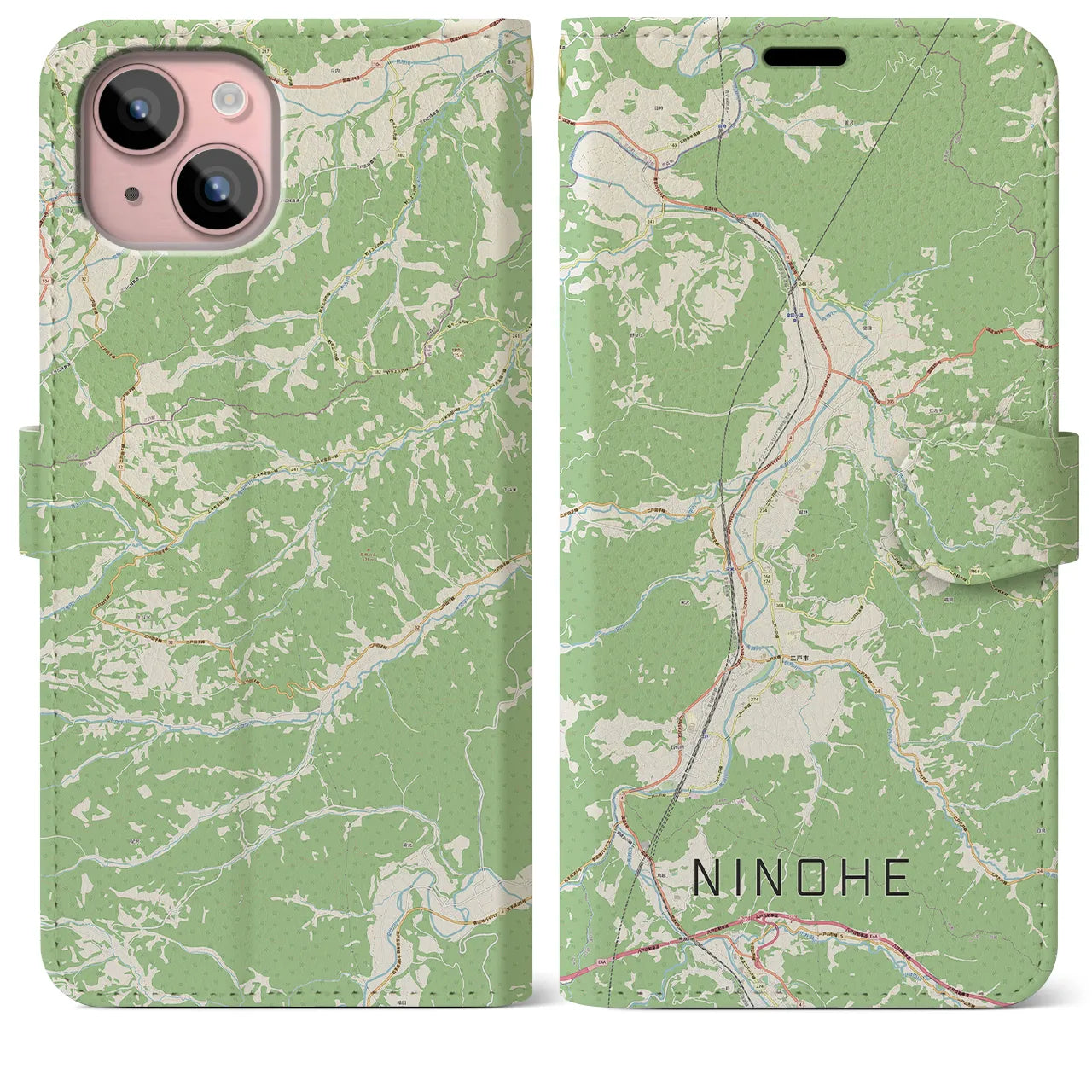 【二戸(岩手県)】地図柄iPhoneケース(手帳タイプ)ナチュラル・iPhone 15 Plus 用