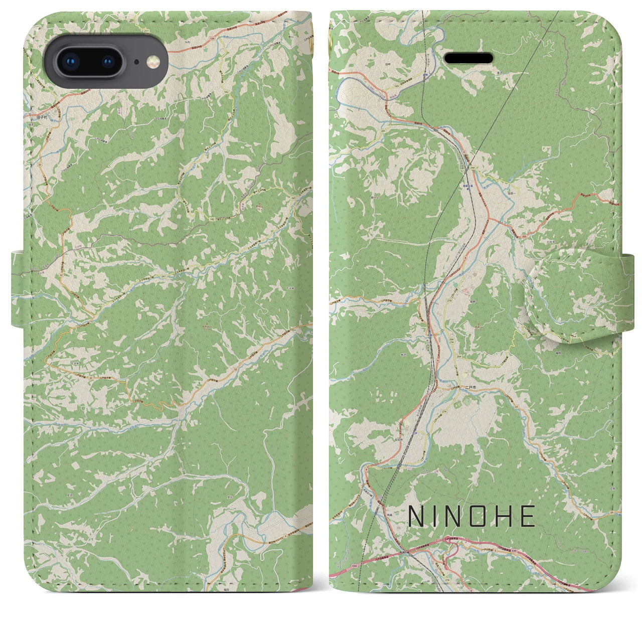 【二戸(岩手県)】地図柄iPhoneケース(手帳タイプ)ナチュラル・iPhone 8Plus /7Plus / 6sPlus / 6Plus 用