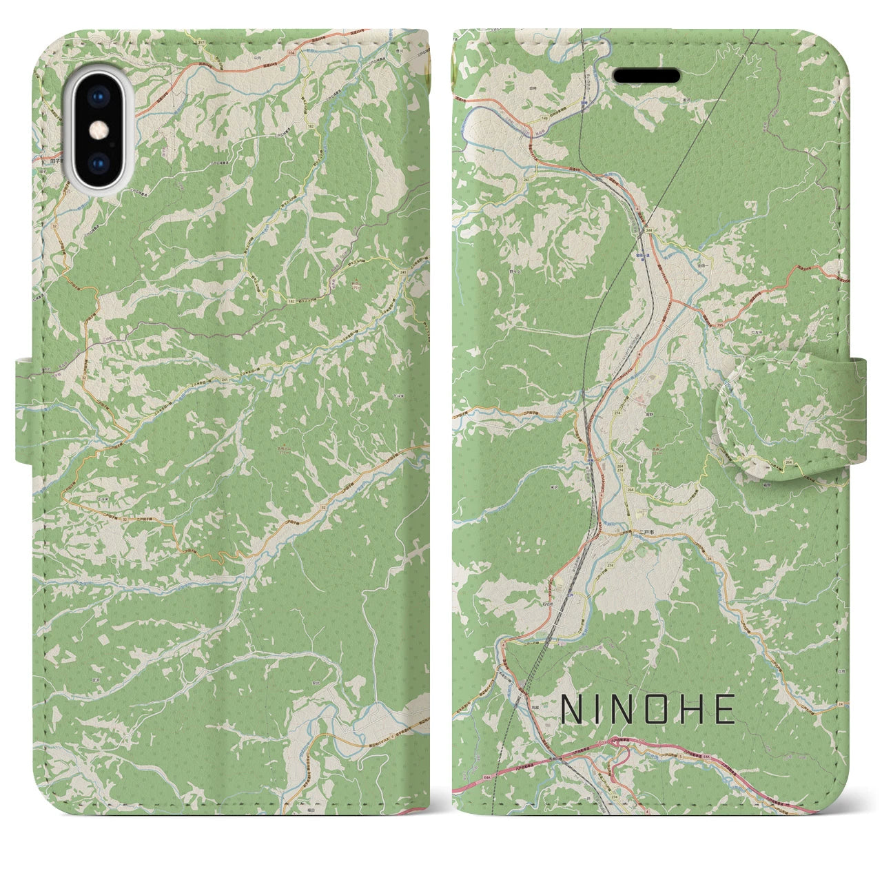 【二戸(岩手県)】地図柄iPhoneケース(手帳タイプ)ナチュラル・iPhone XS Max 用