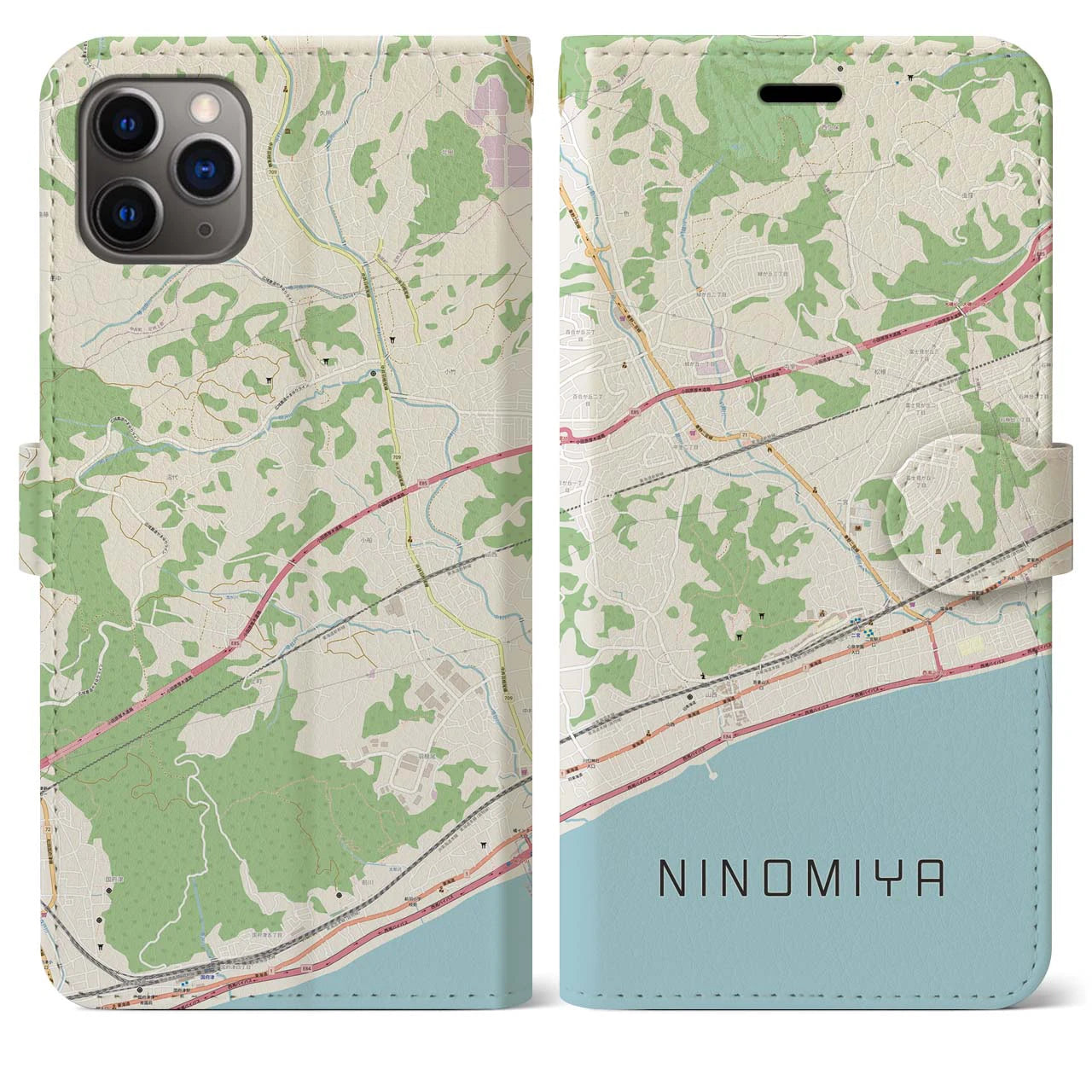 【二宮(神奈川県)】地図柄iPhoneケース(手帳タイプ)ナチュラル・iPhone 11 Pro Max 用
