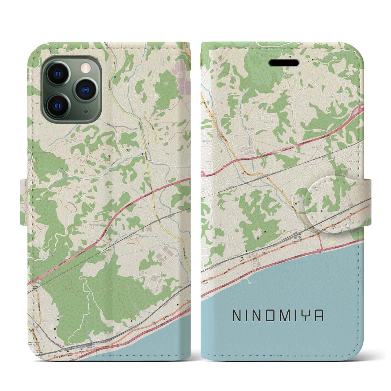 【二宮(神奈川県)】地図柄iPhoneケース(手帳タイプ)ナチュラル・iPhone 11 Pro 用