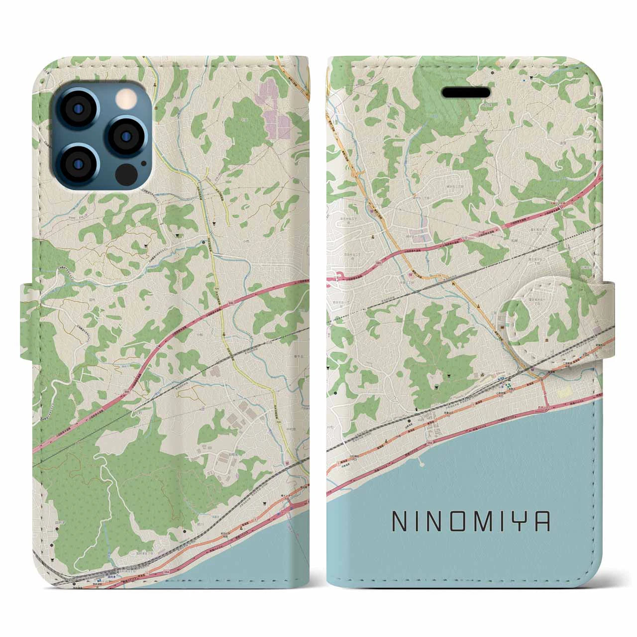 【二宮(神奈川県)】地図柄iPhoneケース(手帳タイプ)ナチュラル・iPhone 12 / 12 Pro 用