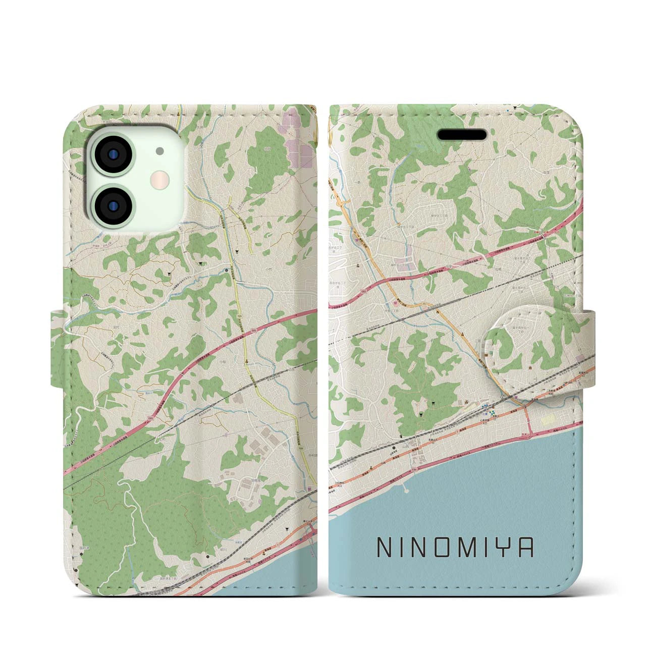 【二宮(神奈川県)】地図柄iPhoneケース(手帳タイプ)ナチュラル・iPhone 12 mini 用