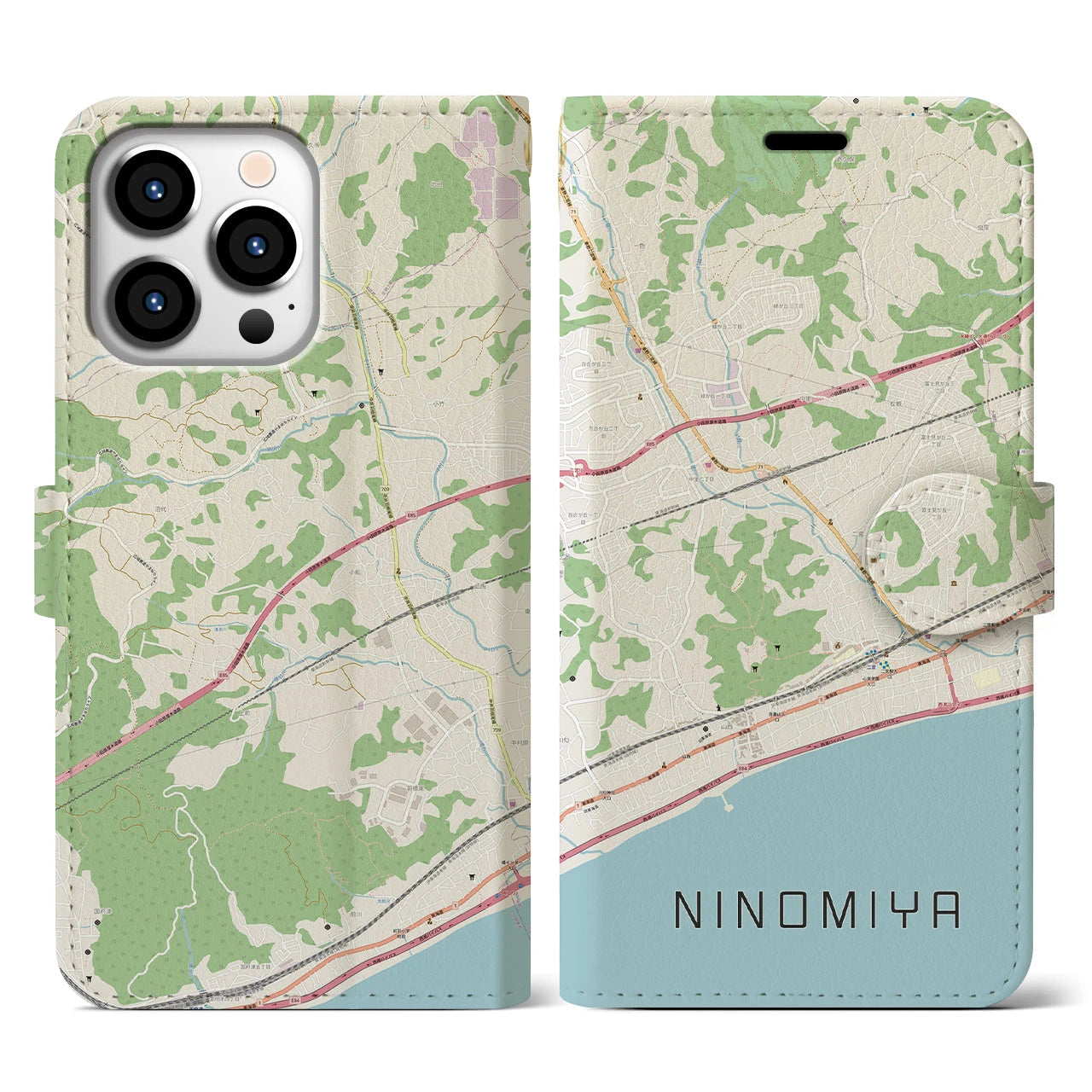 【二宮(神奈川県)】地図柄iPhoneケース(手帳タイプ)ナチュラル・iPhone 13 Pro 用