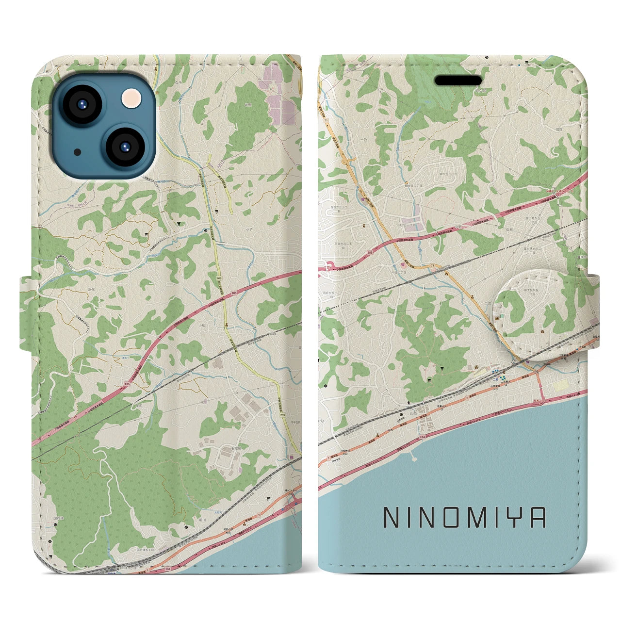 【二宮(神奈川県)】地図柄iPhoneケース(手帳タイプ)ナチュラル・iPhone 13 用