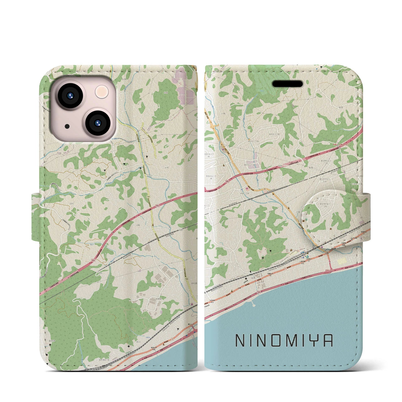 【二宮(神奈川県)】地図柄iPhoneケース(手帳タイプ)ナチュラル・iPhone 13 mini 用