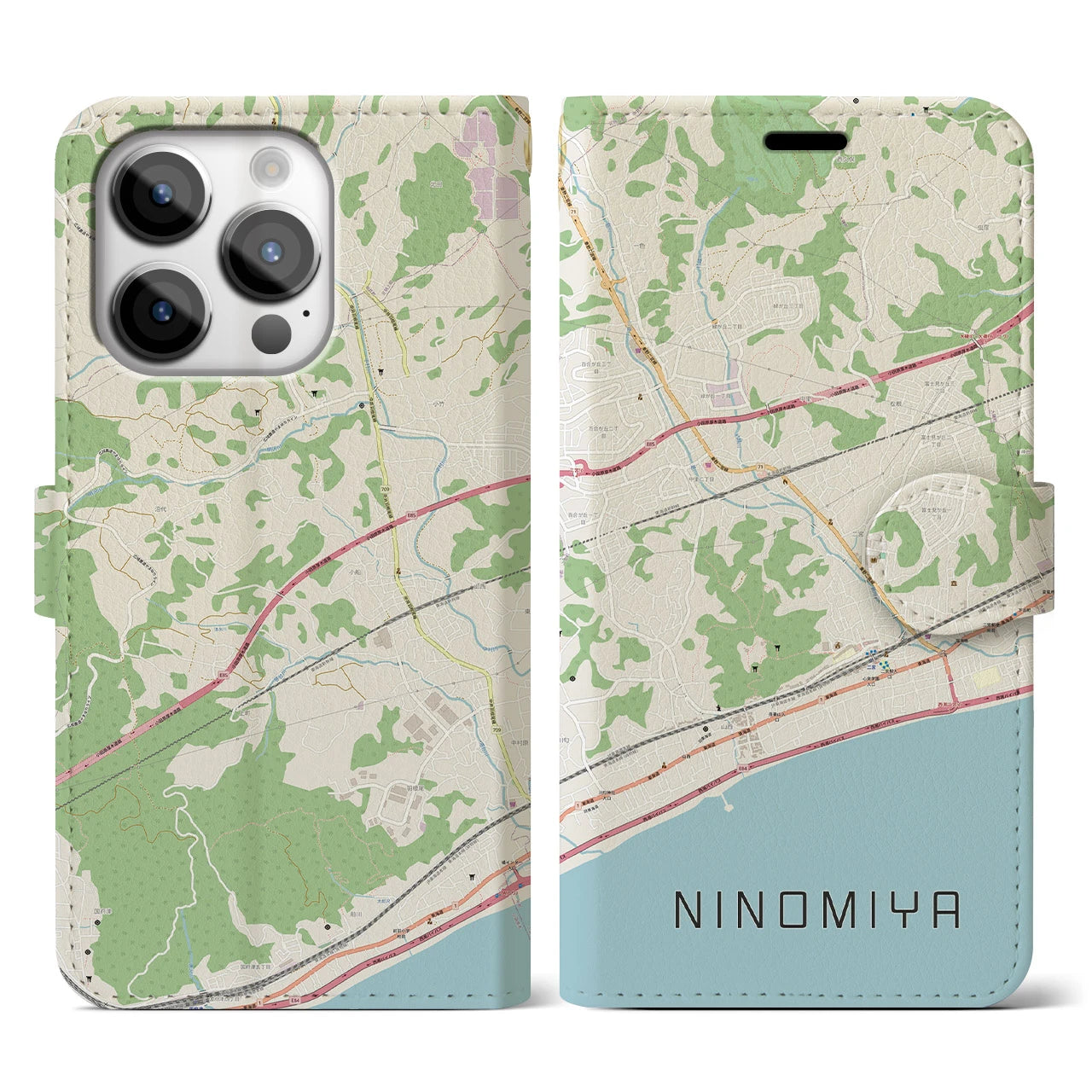 【二宮(神奈川県)】地図柄iPhoneケース(手帳タイプ)ナチュラル・iPhone 14 Pro 用