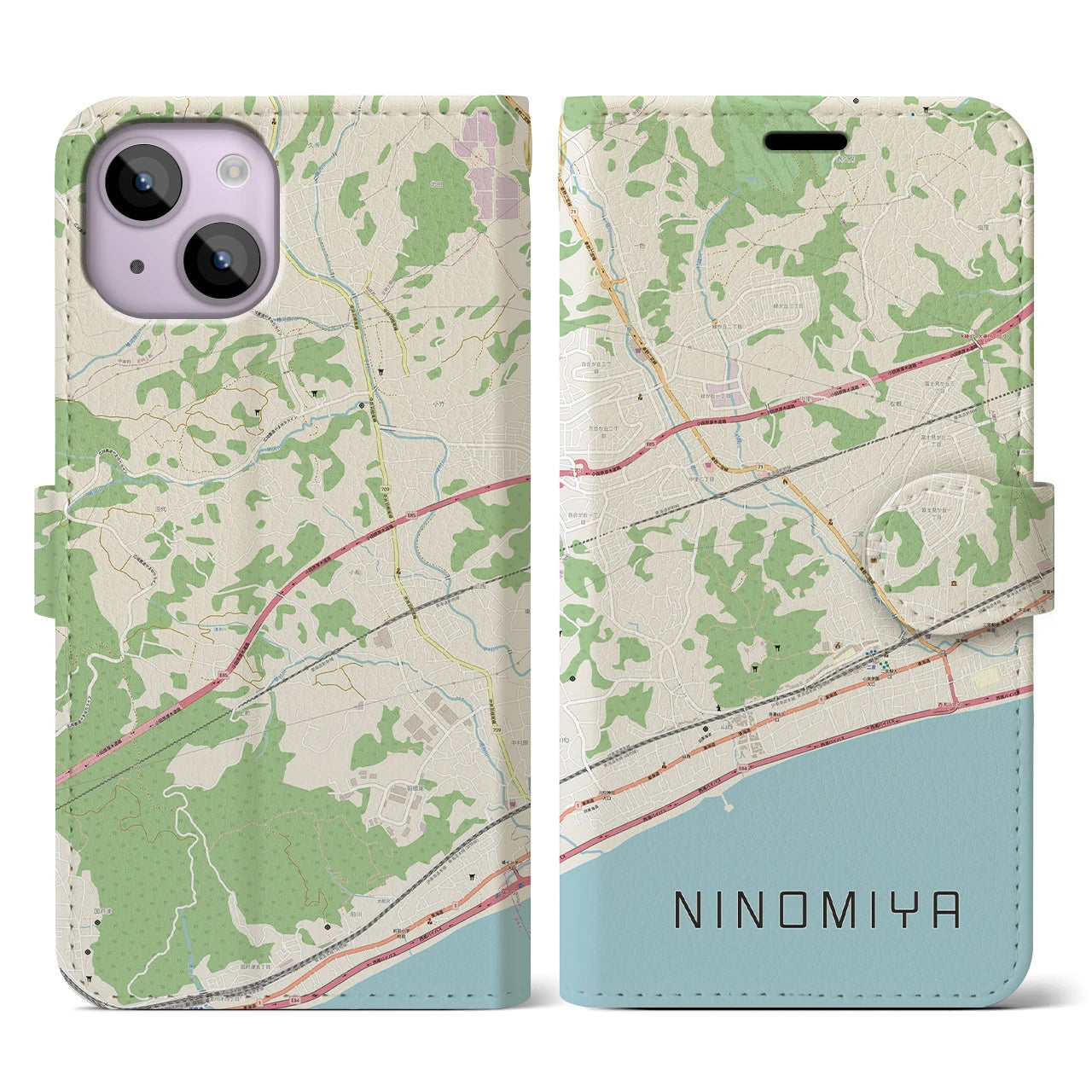 【二宮(神奈川県)】地図柄iPhoneケース(手帳タイプ)ナチュラル・iPhone 14 用