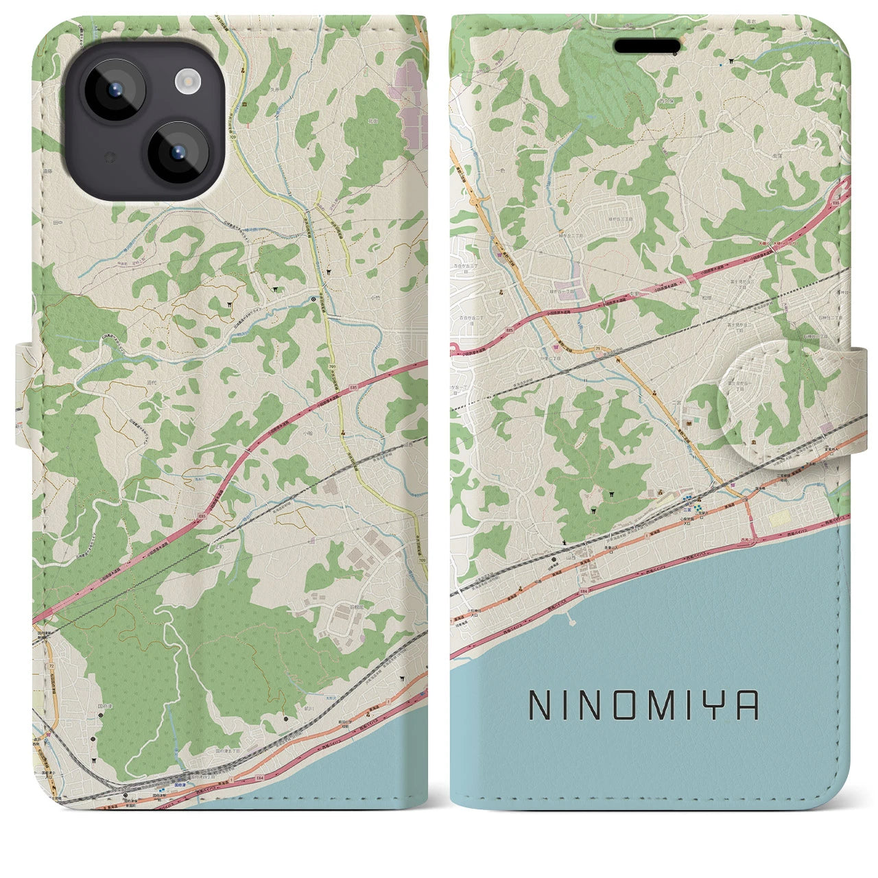 【二宮(神奈川県)】地図柄iPhoneケース(手帳タイプ)ナチュラル・iPhone 14 Plus 用
