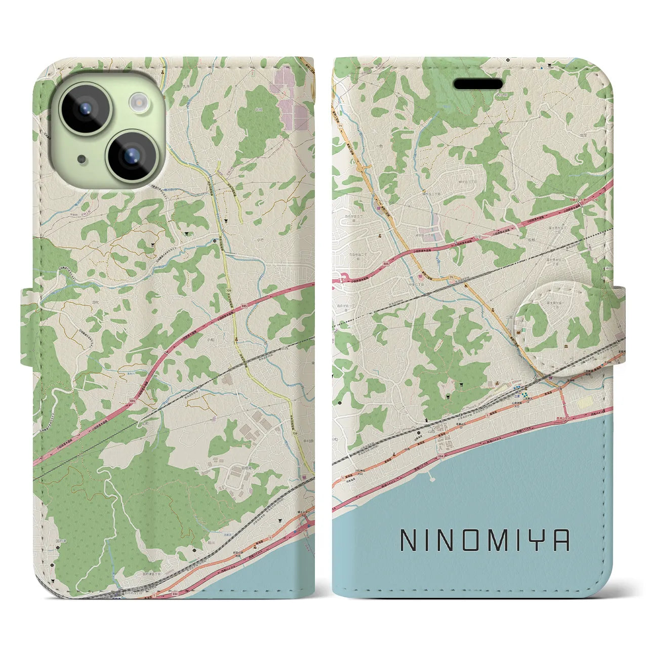【二宮(神奈川県)】地図柄iPhoneケース(手帳タイプ)ナチュラル・iPhone 15 用