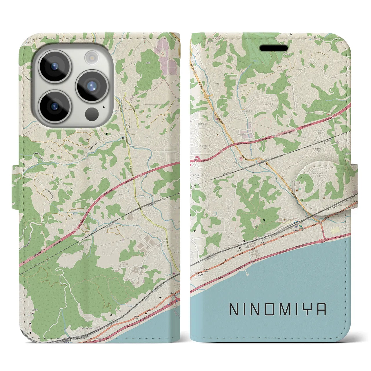 【二宮(神奈川県)】地図柄iPhoneケース(手帳タイプ)ナチュラル・iPhone 15 Pro 用